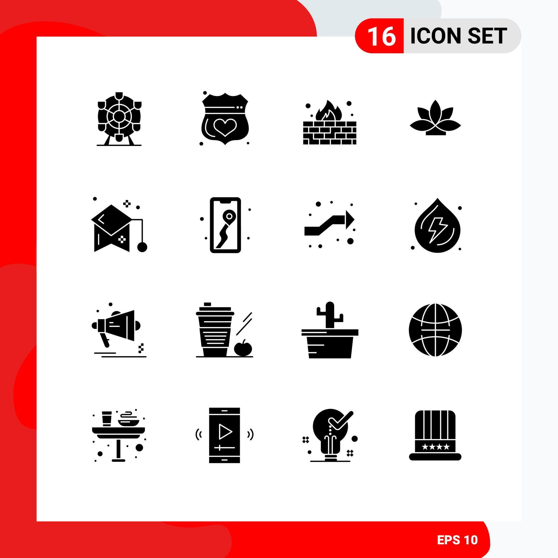 16 Universal Solid Glyph Signs Symbols of graduate cup plant antivirus lotus flower Editable Vector Design Elements Stock Free