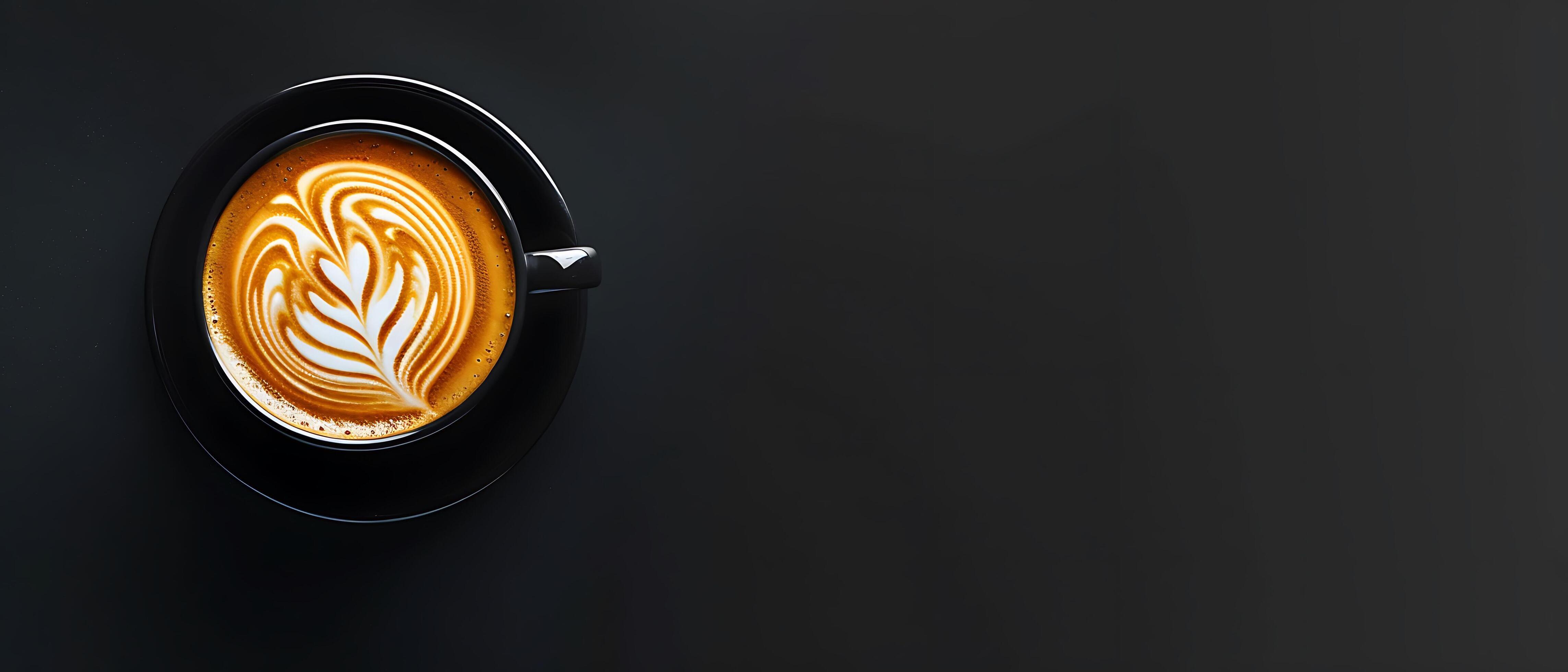 Elegant Latte Art in Coffee Cup on Dark Reflective Background with Copy Space for Branding. Stock Free