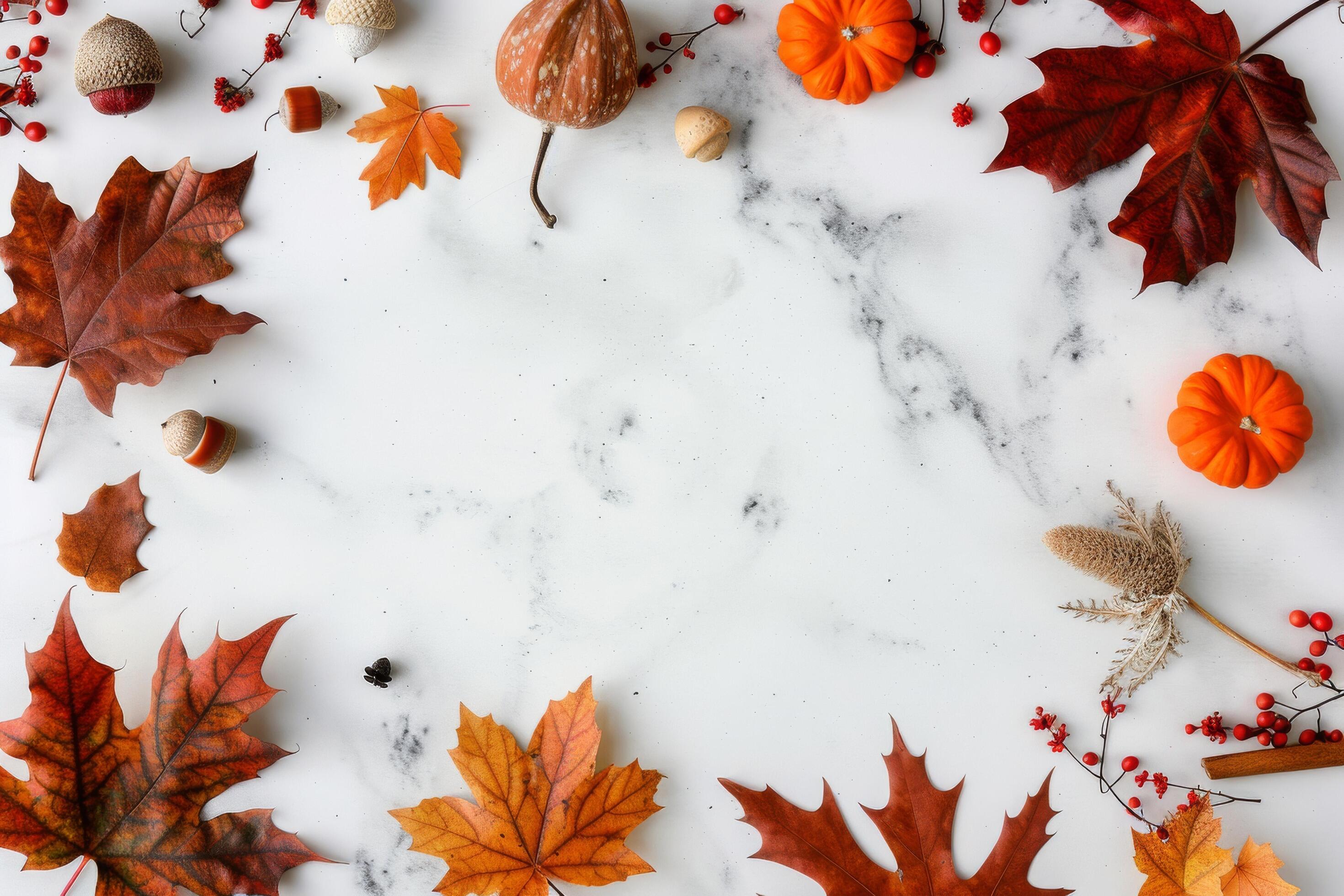 Autumn Leaves and Pumpkins on Marble Background Stock Free