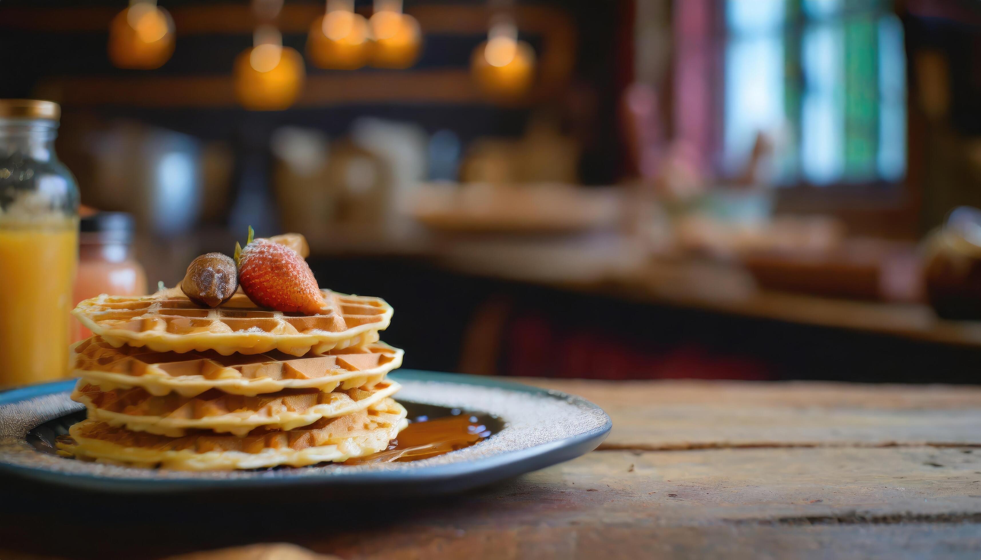 Copy Space image of Delicious viennese waffles with maple syrup drizzle and blackberry on dark brown wood background. Stock Free