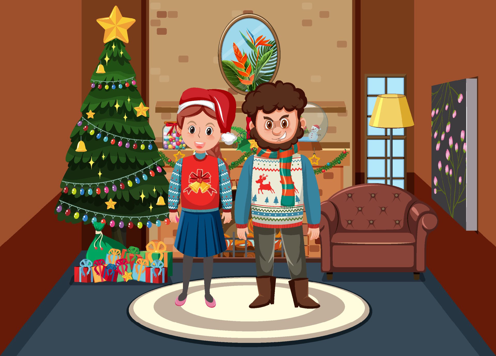 Christmas theme with people at home Free Vector