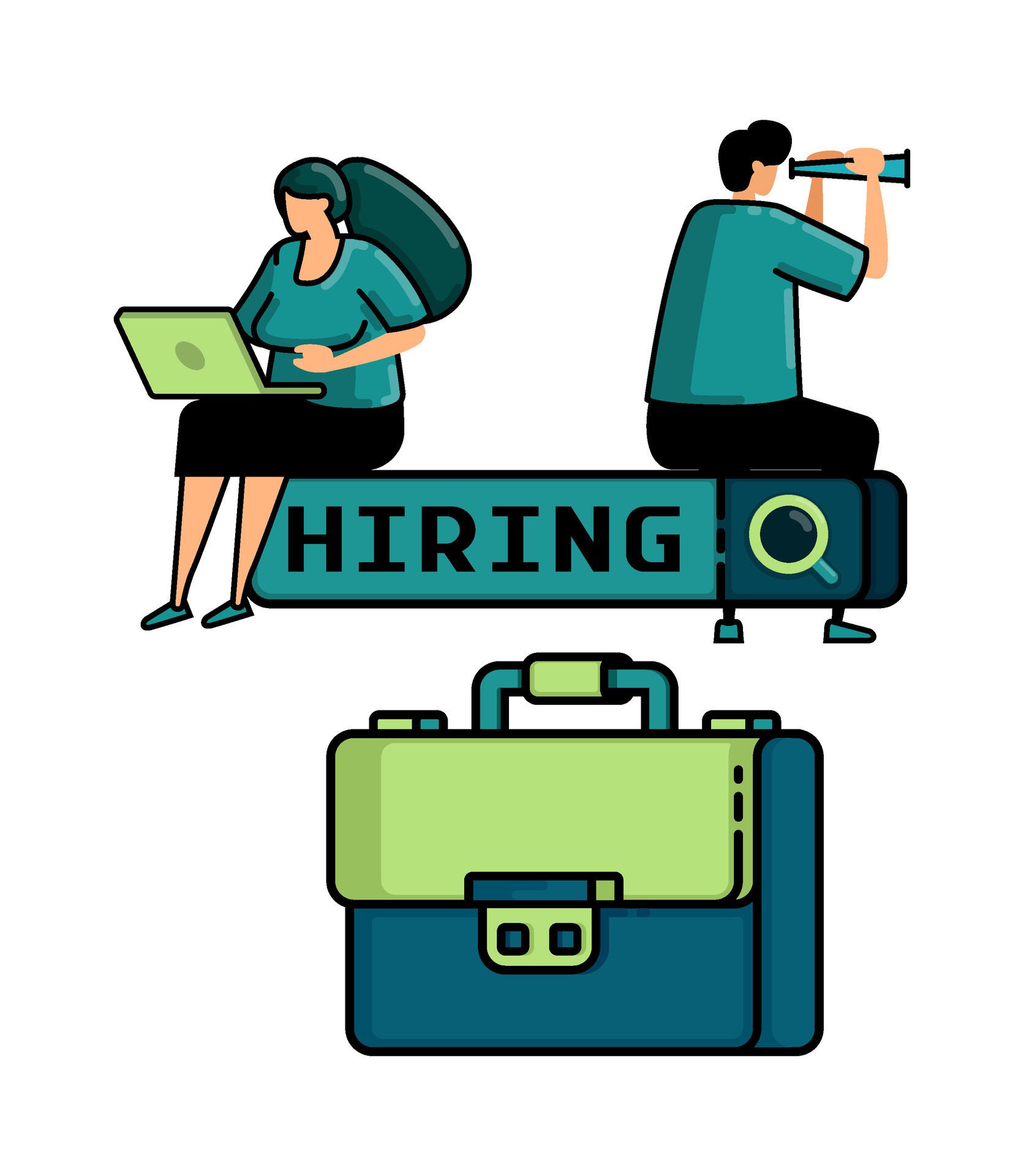 illustration of hiring with people sit on search with the words HIRING on top of briefcases for job seekers looking for vacancies Free Vector