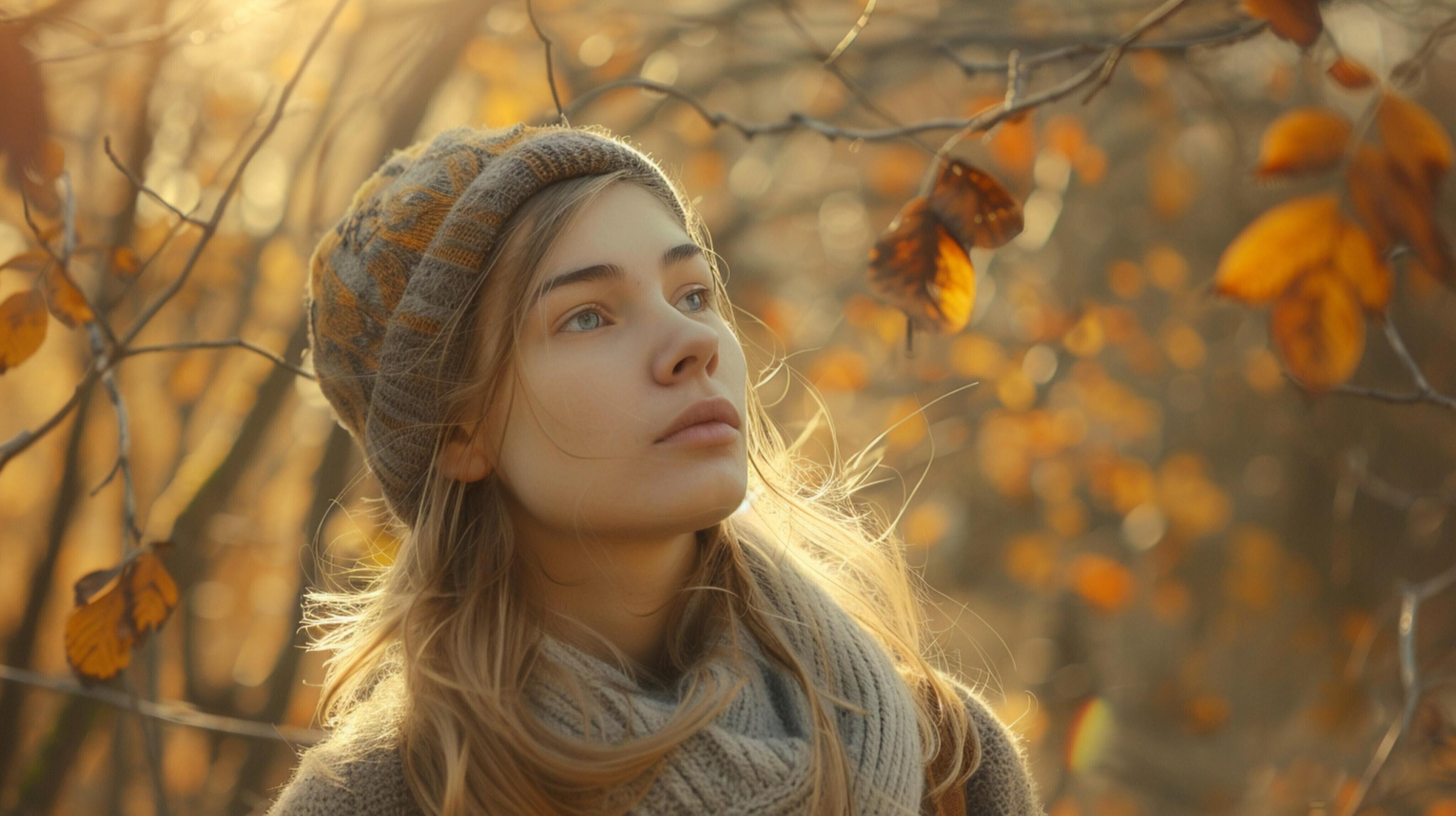 young woman in autumn forest enjoying nature beauty Stock Free