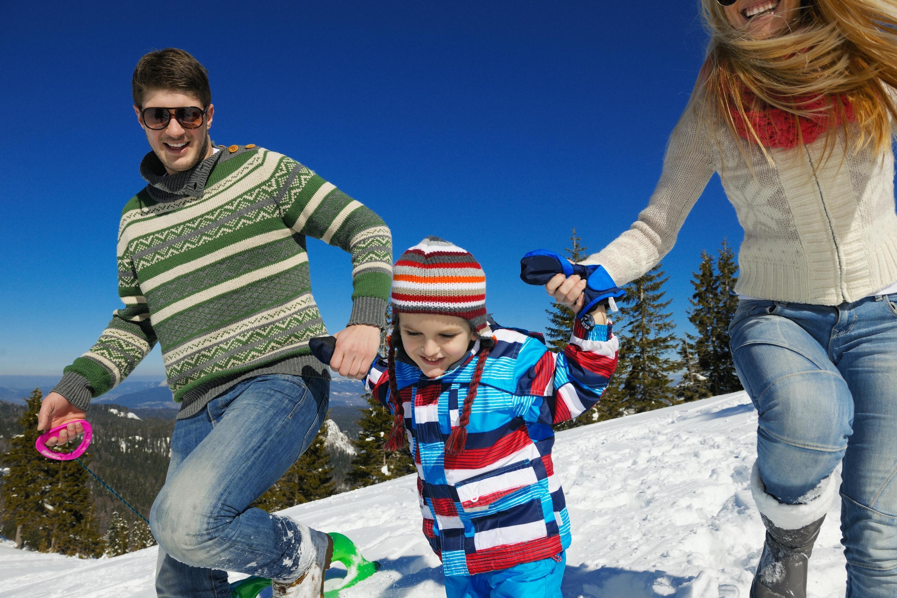 family having fun on fresh snow at winter Stock Free