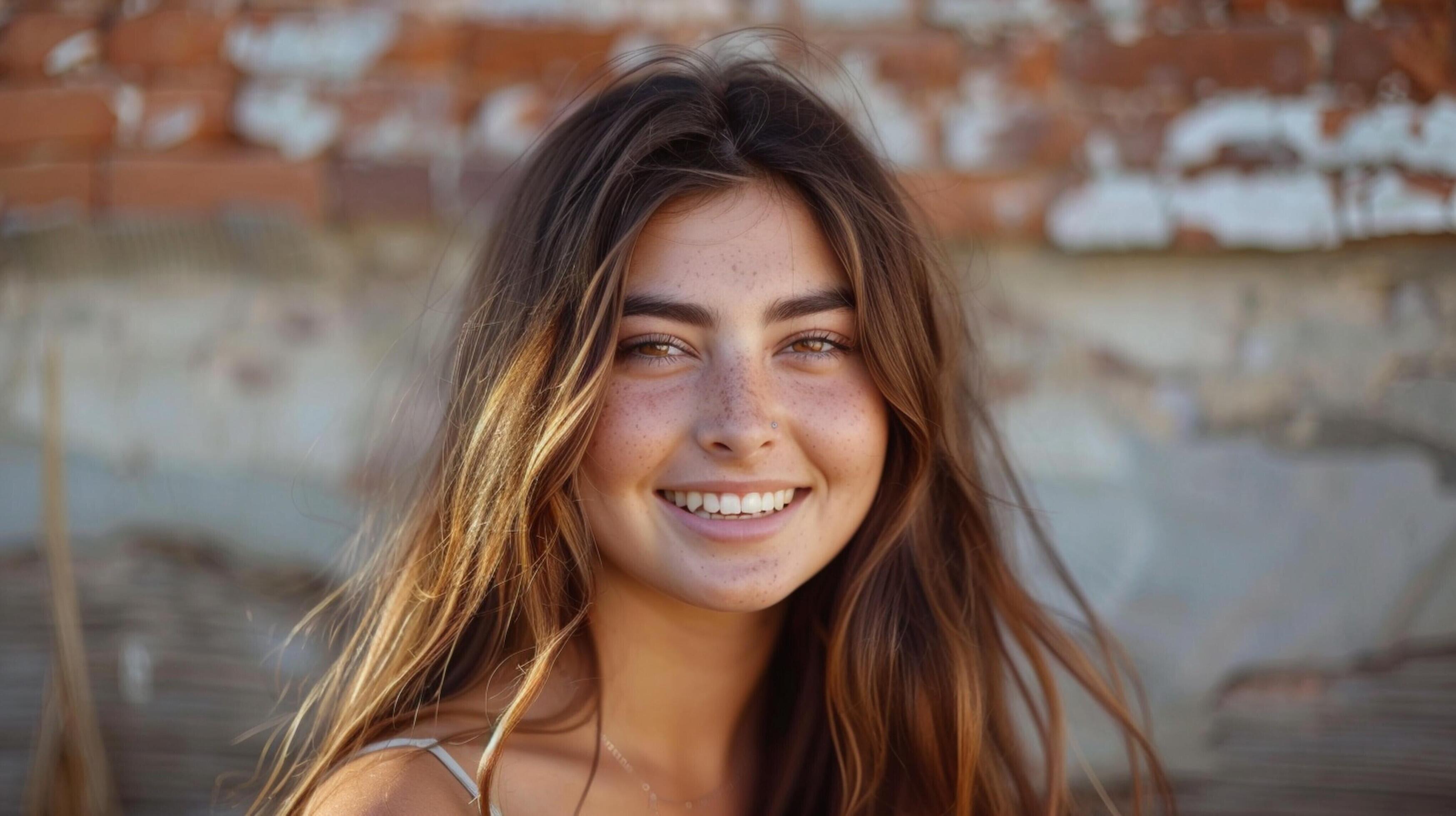 young woman with long brown hair smiling Stock Free