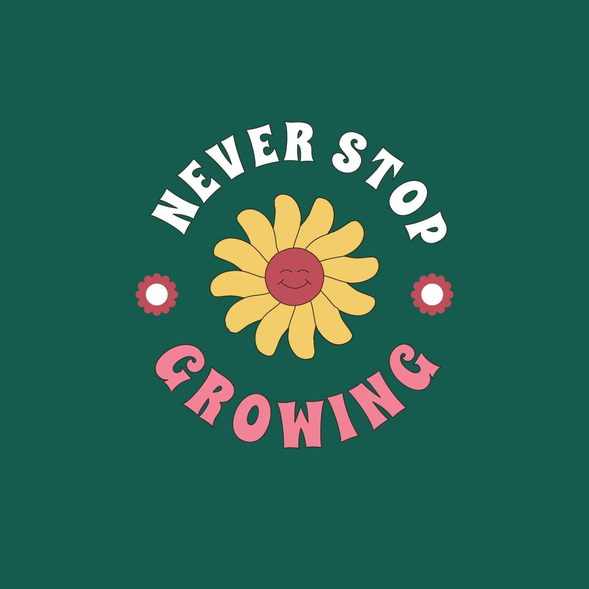 Hippy print with a smiling flower and the quote Never Stop Growing. Retro sticker design in the style of 1960s, 1970s. Stock Free