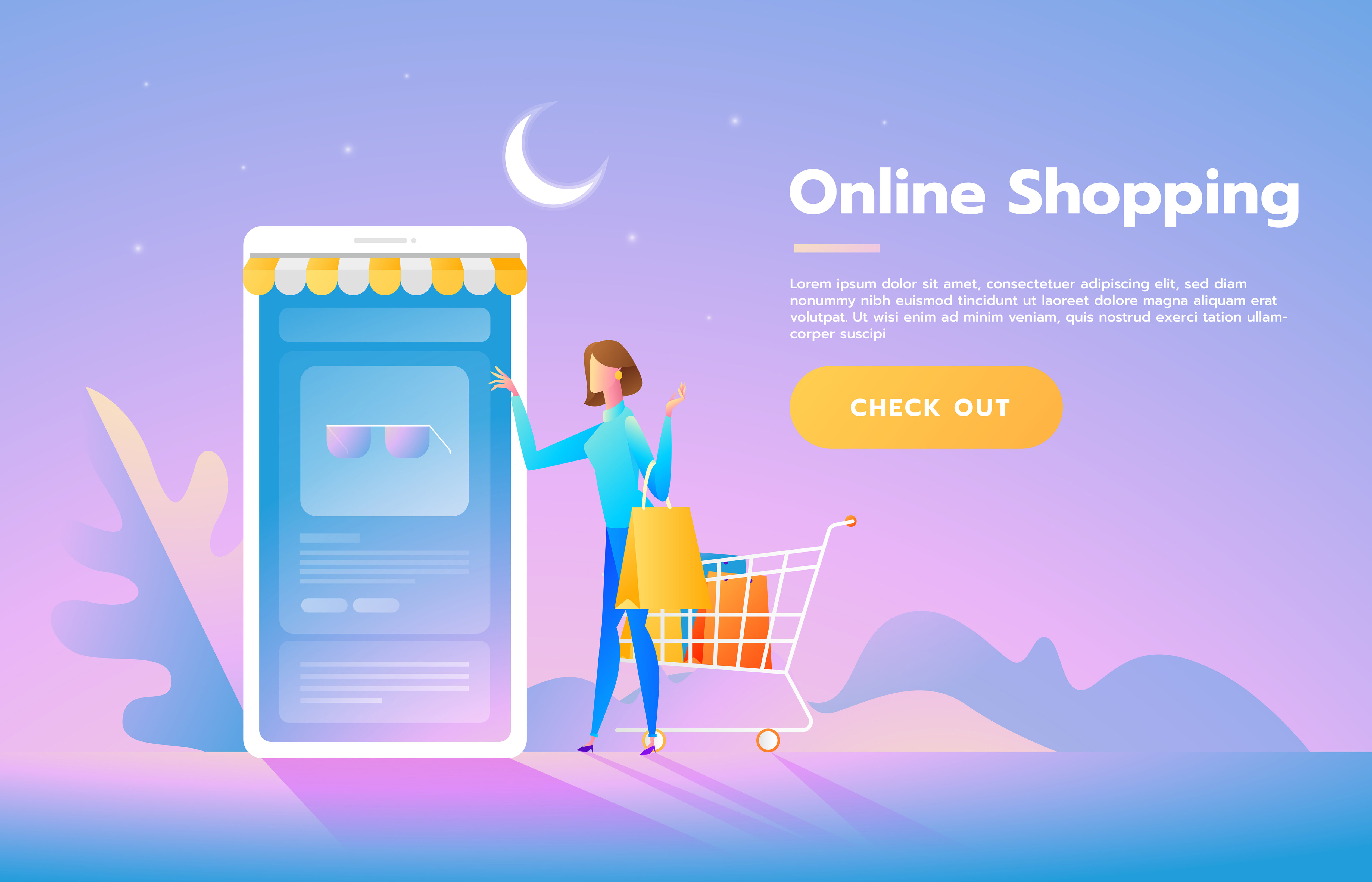 Sale, consumerism and people concept. Young woman shopping online using smartphone. Landing page template. Vector isometric illustration. Free Vector