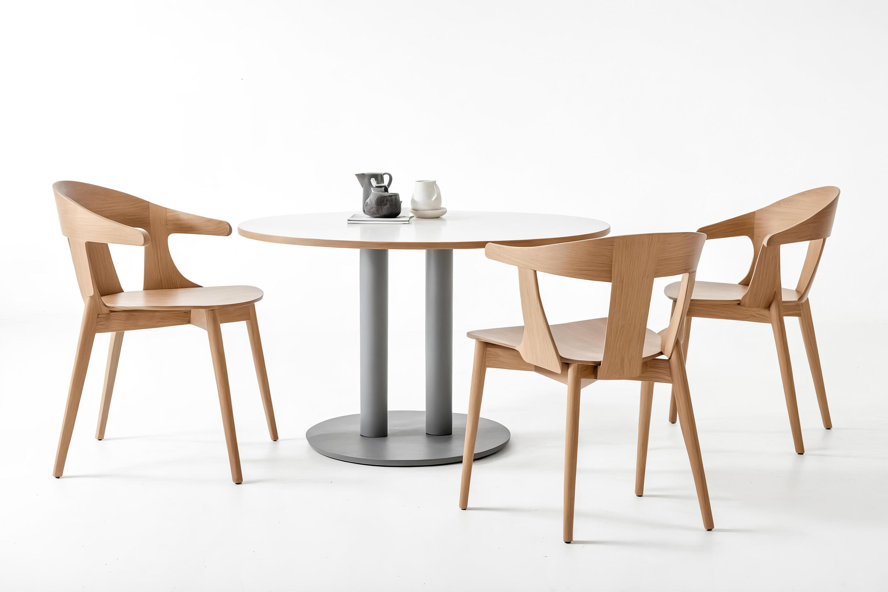 Modern wooden dining table and chairs set on white background Stock Free