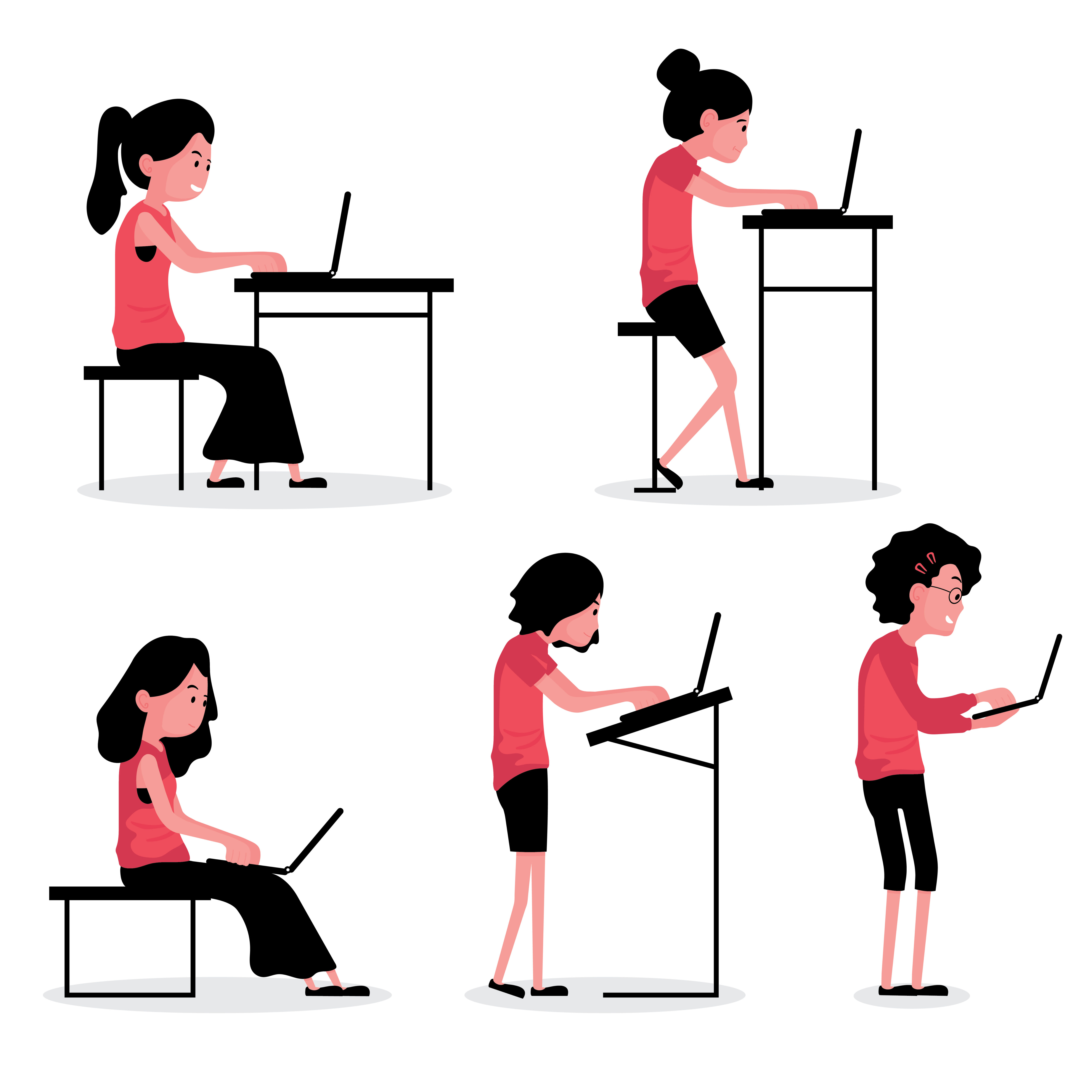 Character posture set with people sitting and standing with laptops Free Vector