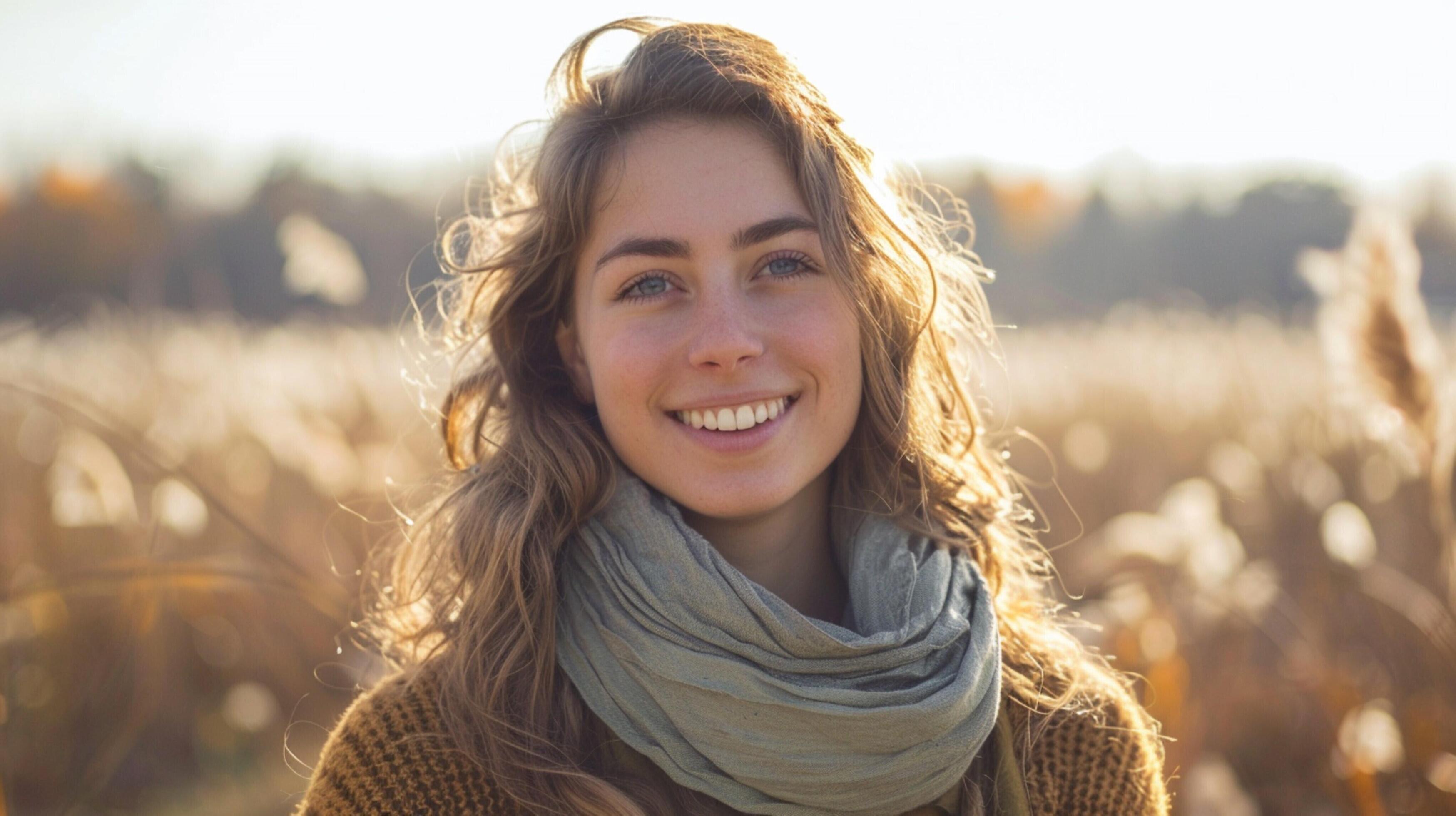 young woman outdoors looking at camera smiling Stock Free