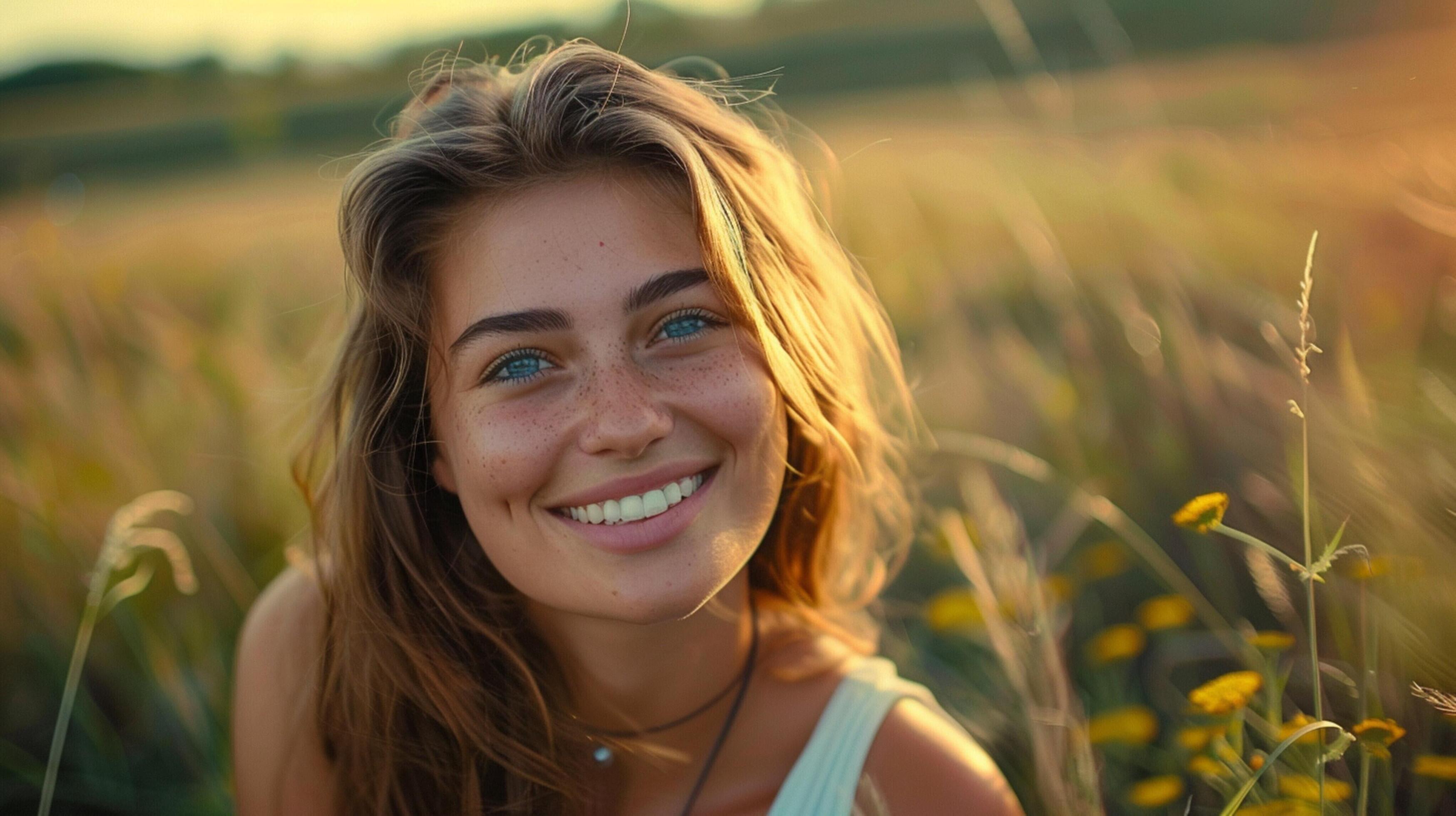 young woman outdoors looking at camera smiling Stock Free