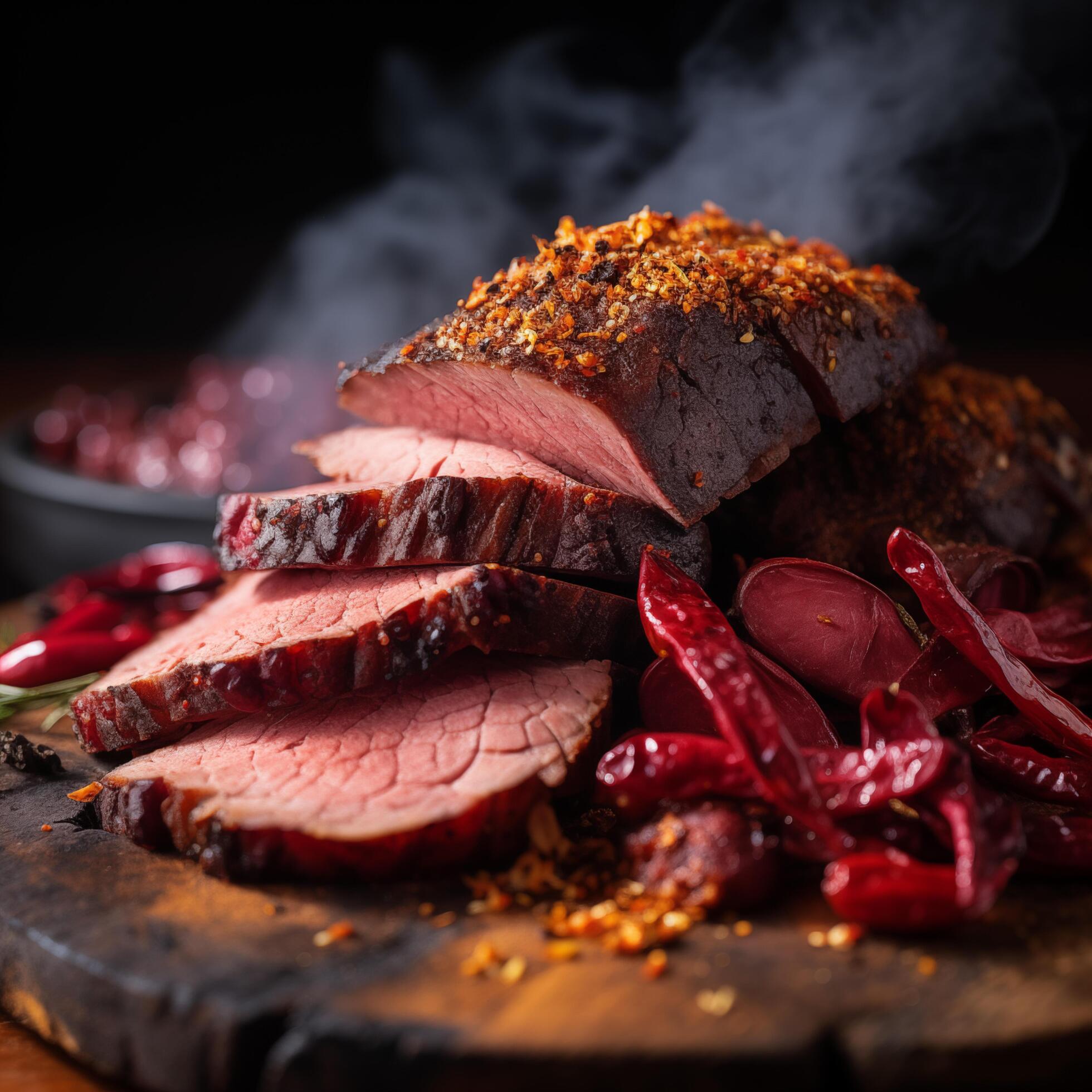 Piece of rump steak on cutting board dark background. Cured spiced and smoked Pastrami. Photo for restaurant menu, advertising, delivery, banner Stock Free