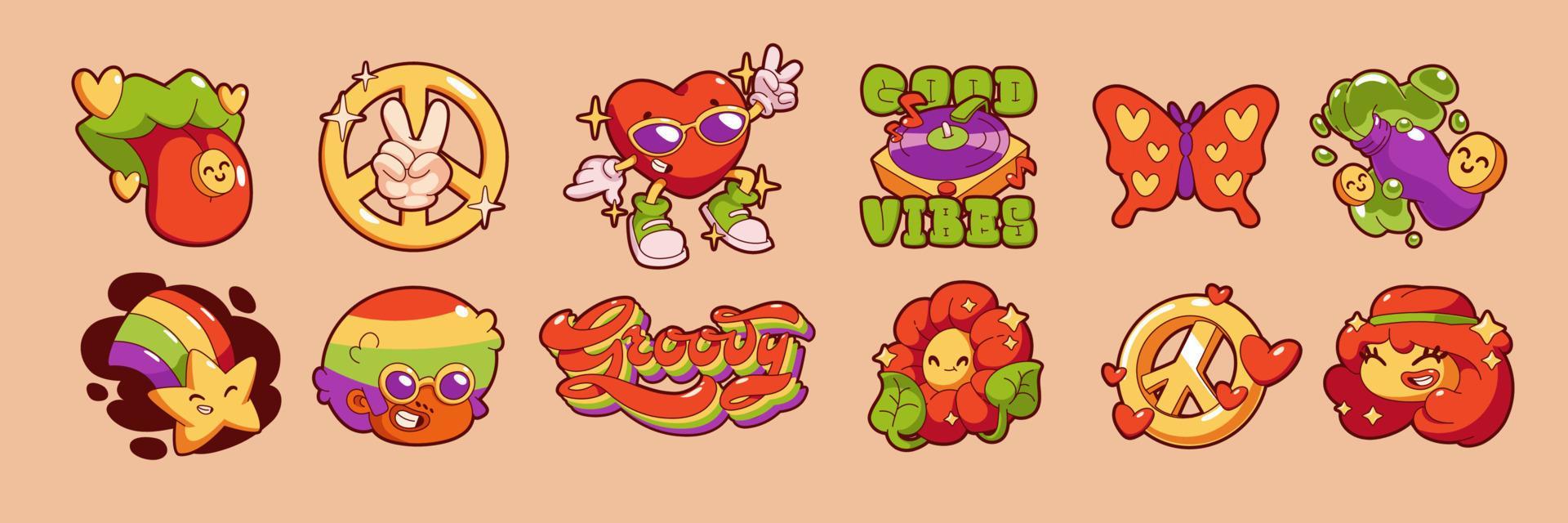 Groovy stickers, hippie icons with flower, rainbow Stock Free