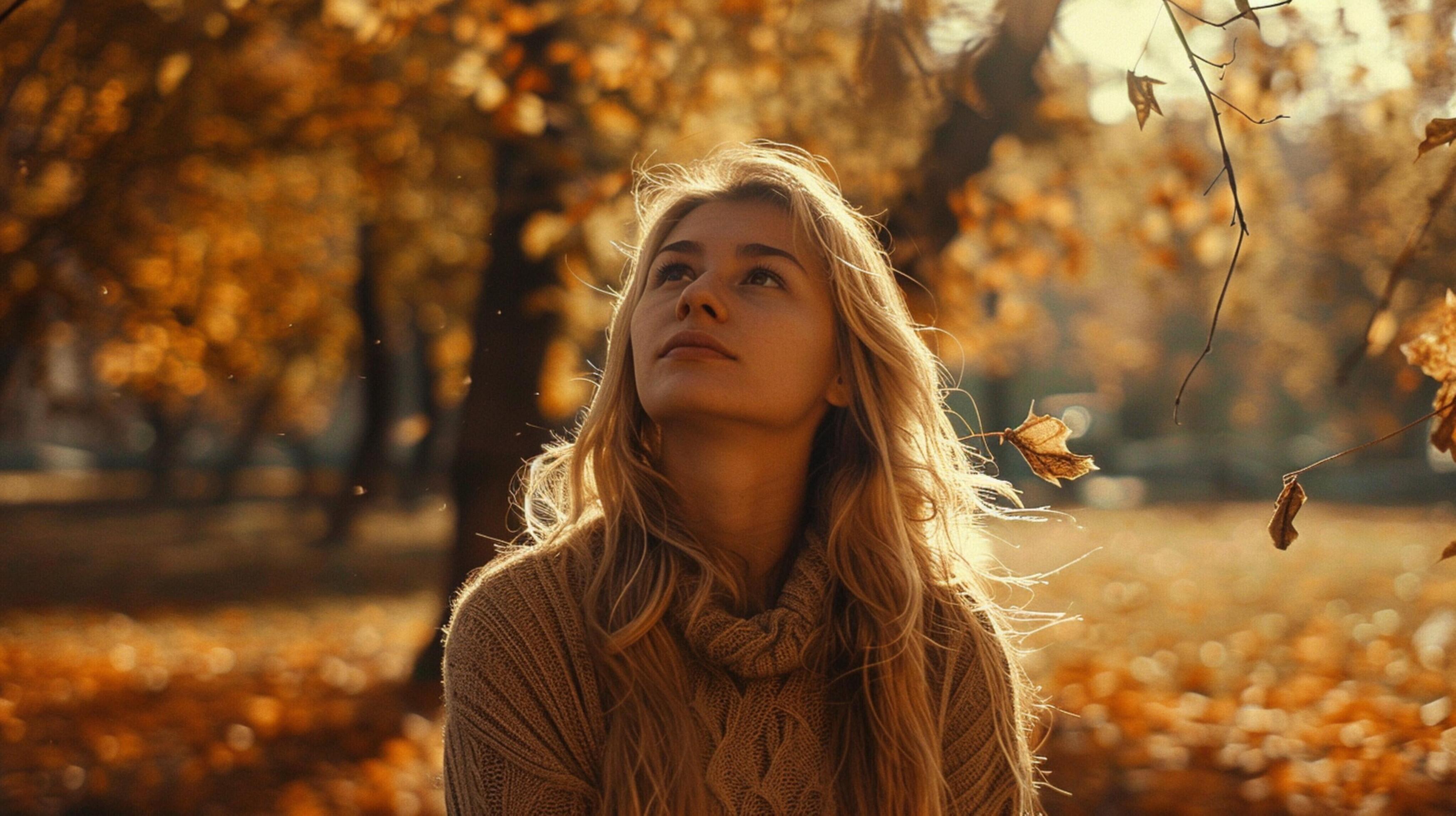 young woman with long blond hair enjoying autumn Stock Free