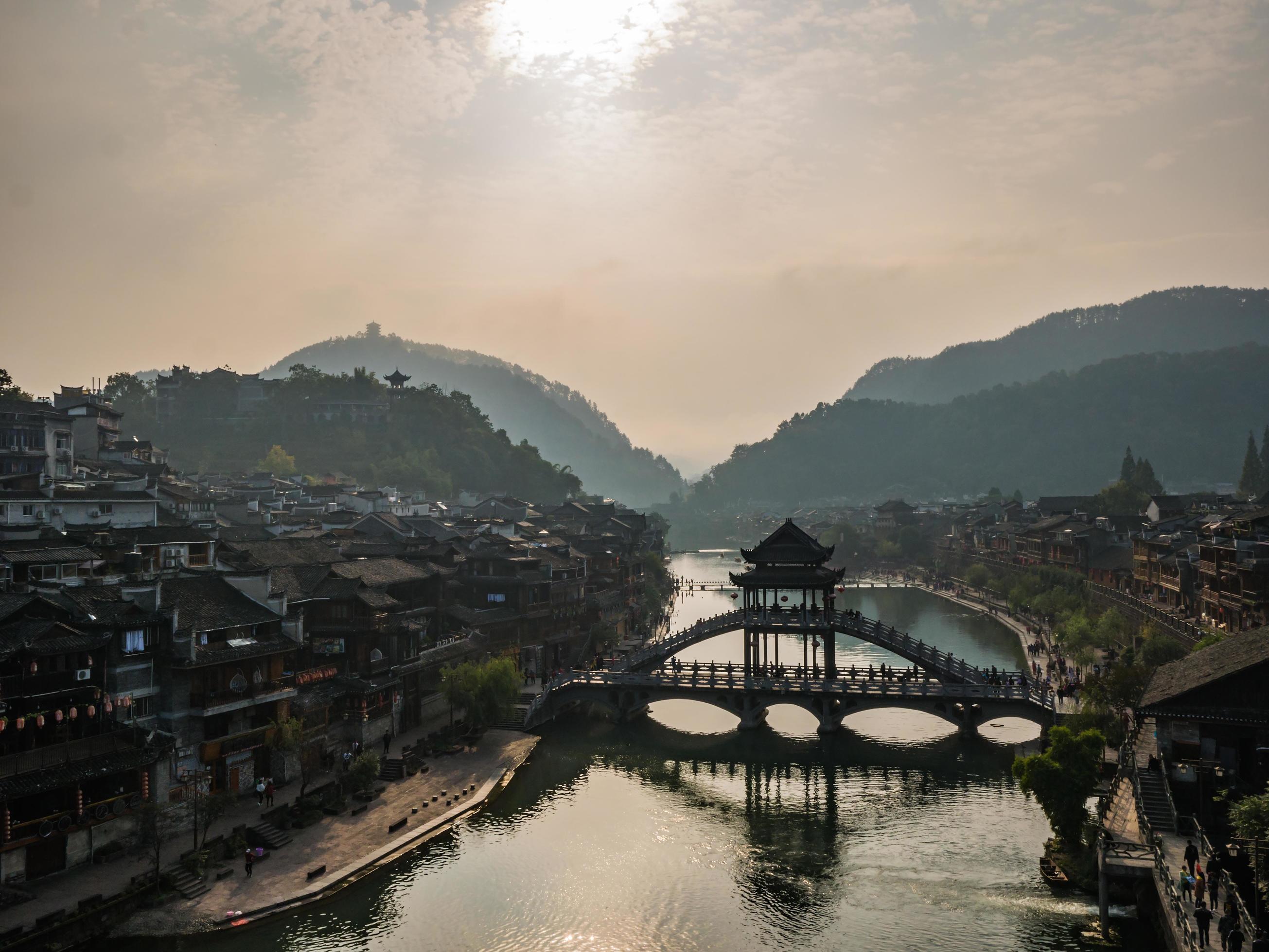 Scenery view in the morning of fenghuang old town .phoenix ancient town or Fenghuang County is a county of Hunan Province, China Stock Free