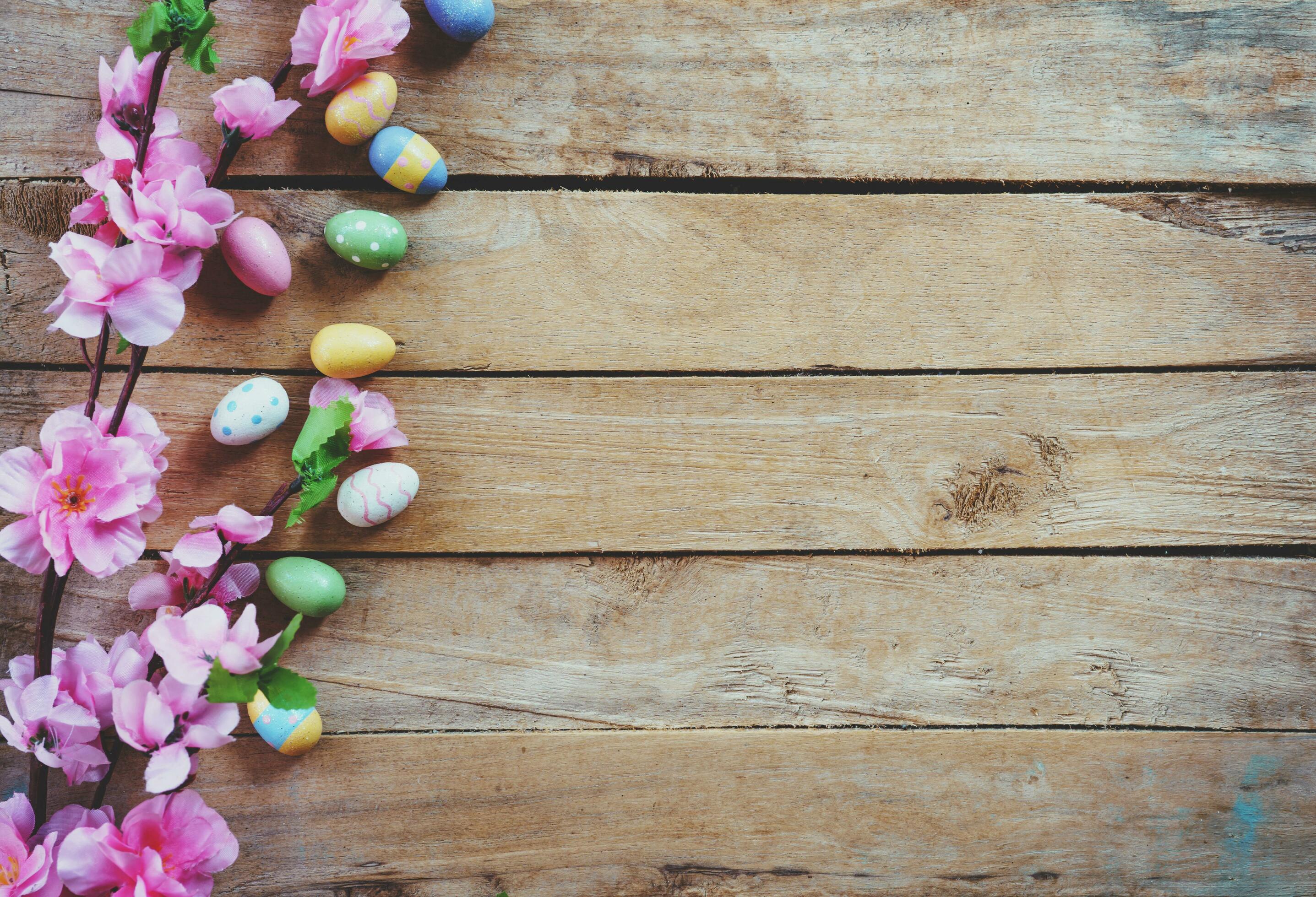 Cherry blossom Artificial flowers and easter egg on vintage wooden background with copy space. Stock Free