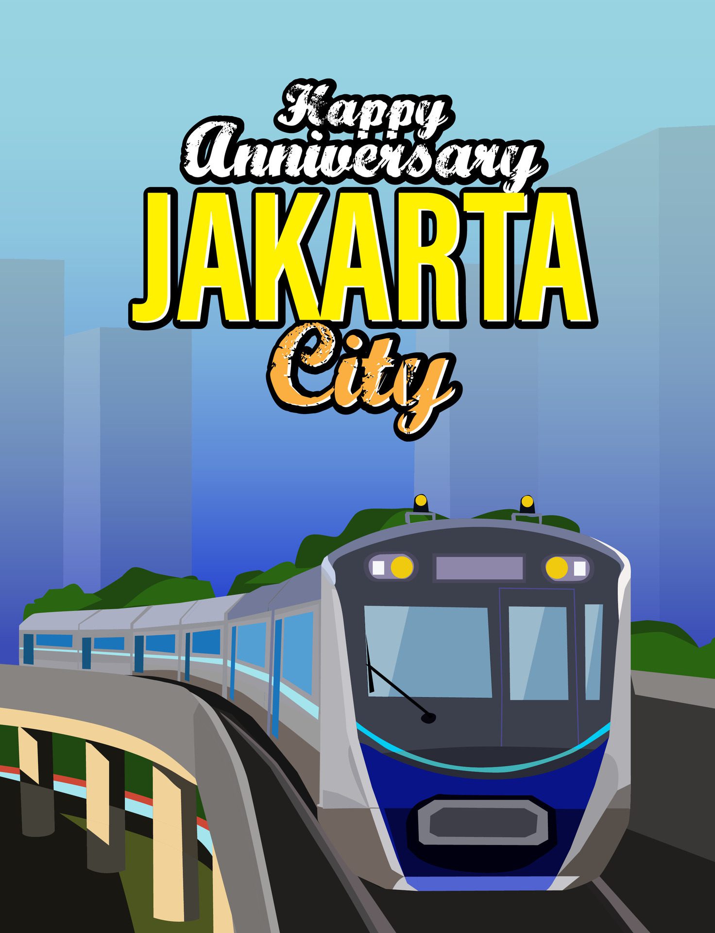 vector illustration Mass Rapid Transit Jakarta MRT large fast train high capacity public transport urban area people happy anniversary Free Vector