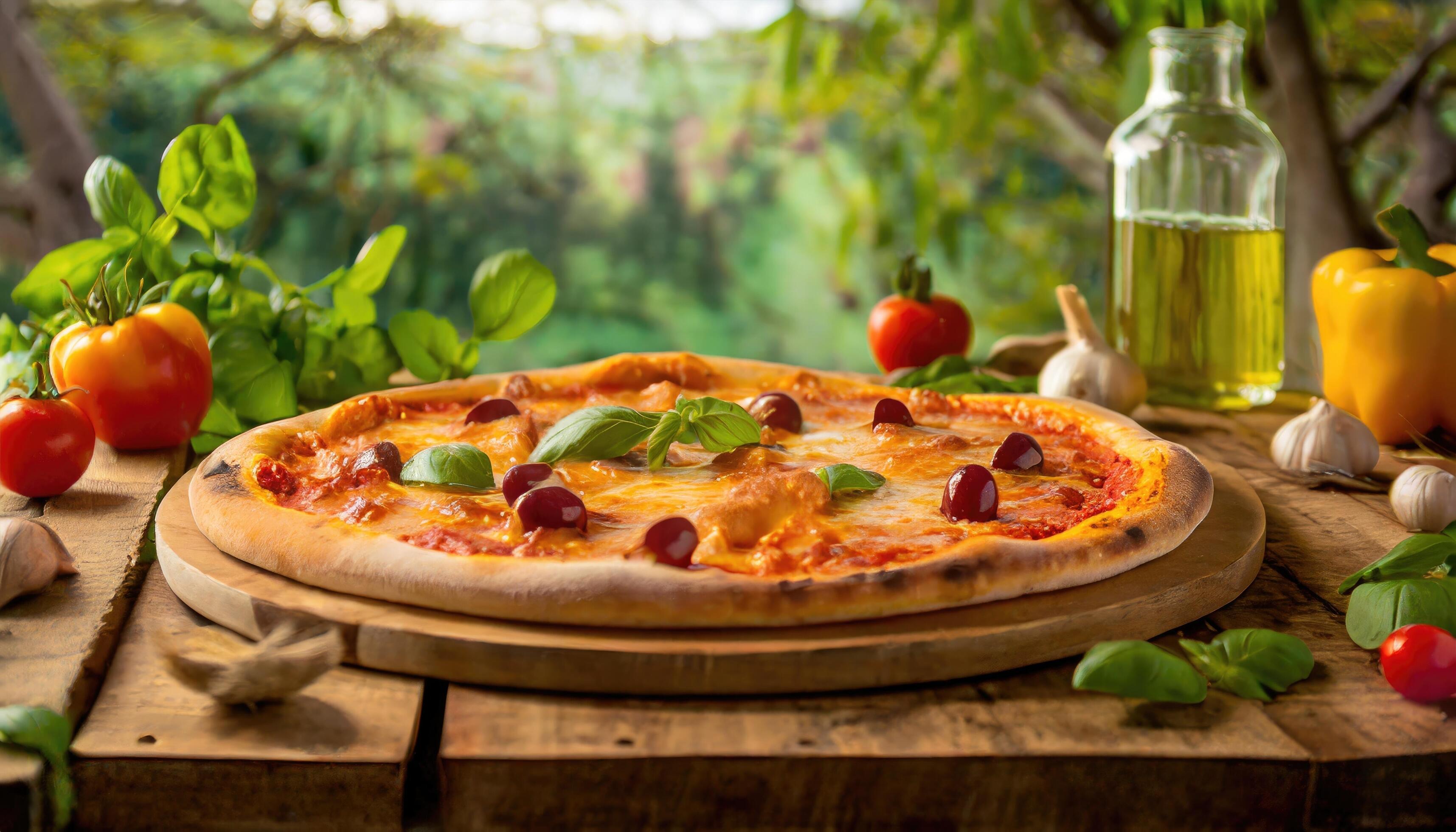 Copy Space image of Pizza Margherita on wooden background, landscape view background. Stock Free