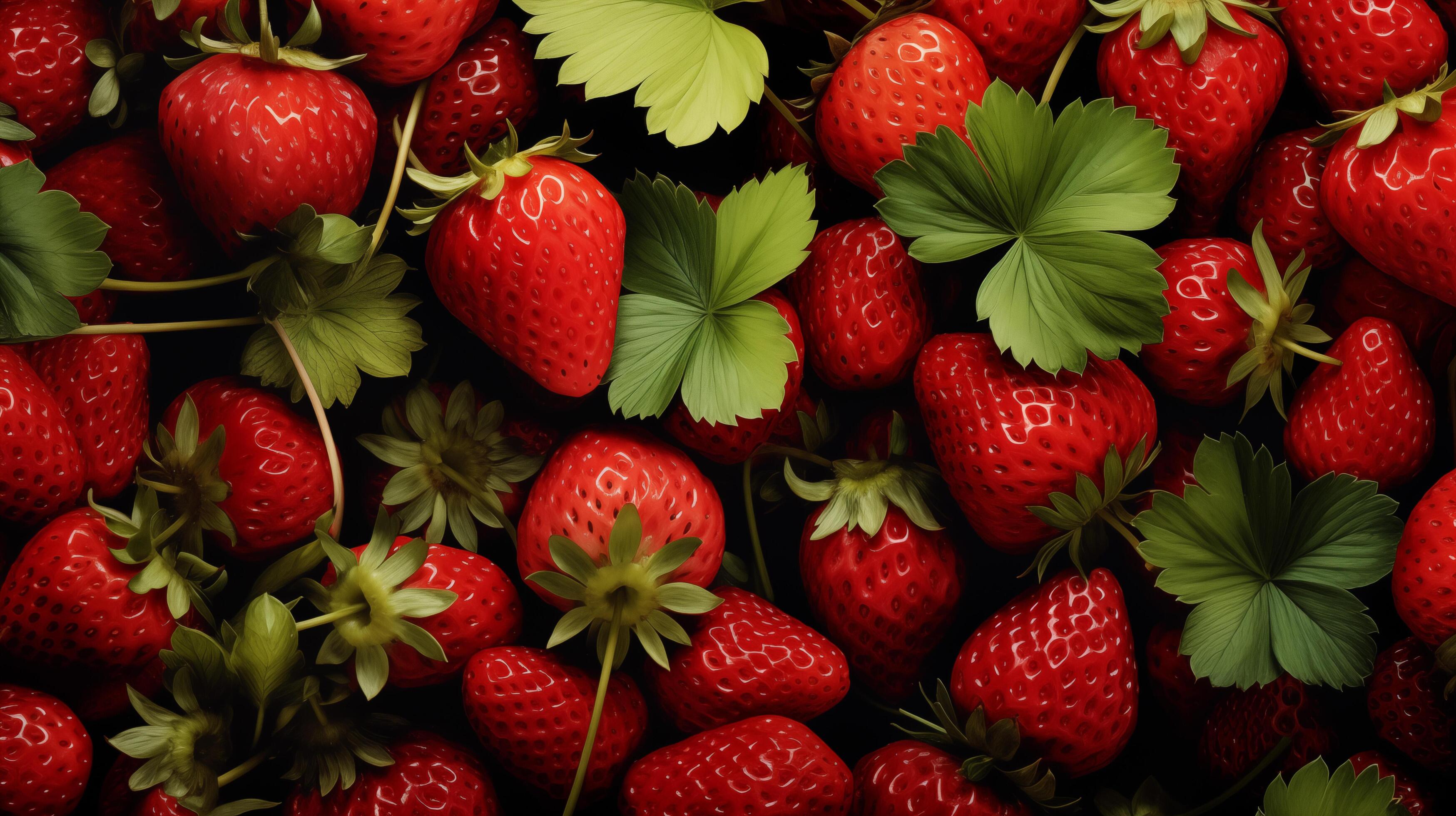 Strawberries background. Top view on fresh organic strawberries. Healthy fruits and vegan background. Stock Free