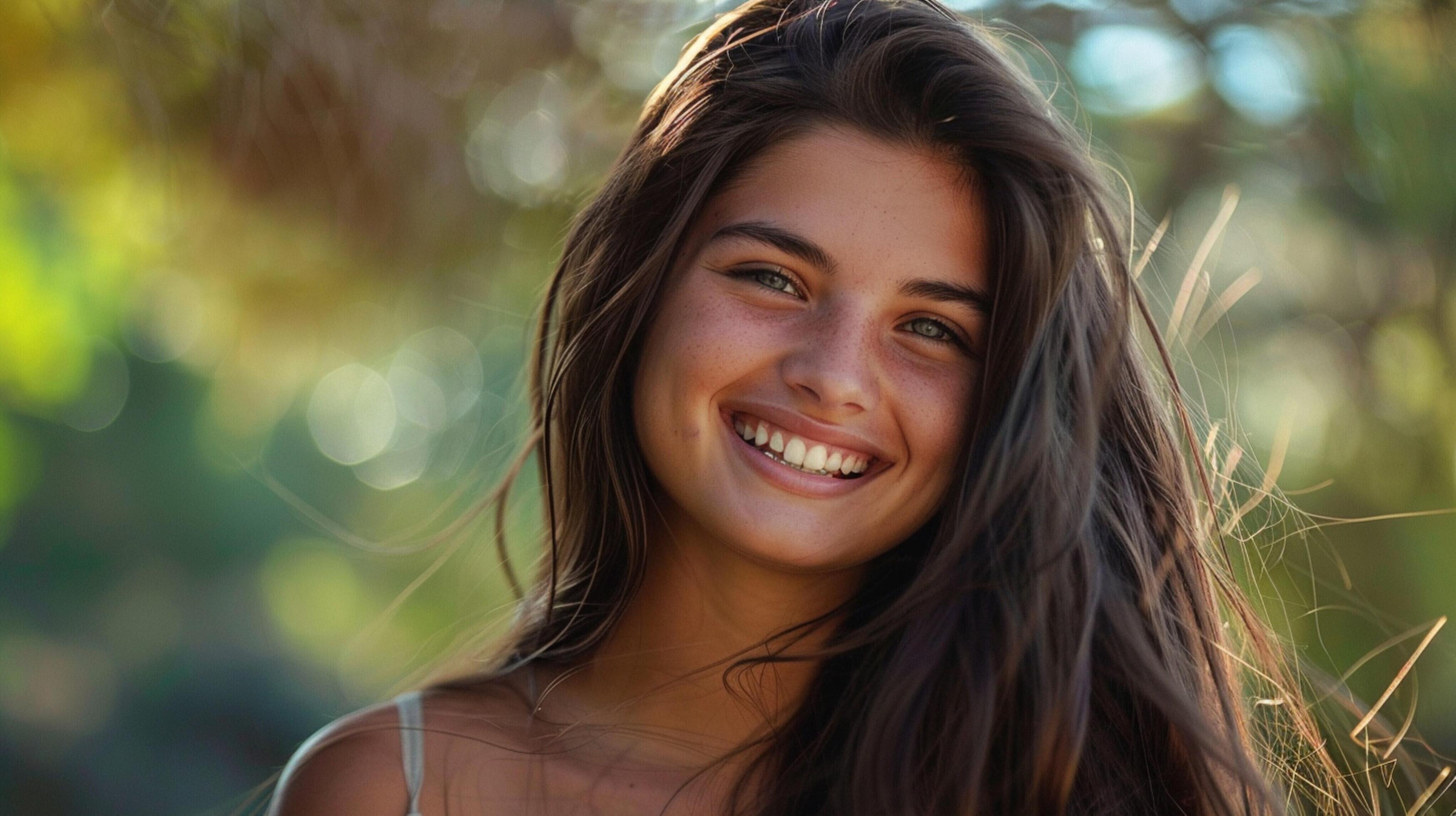 young woman with long brown hair smiling Stock Free