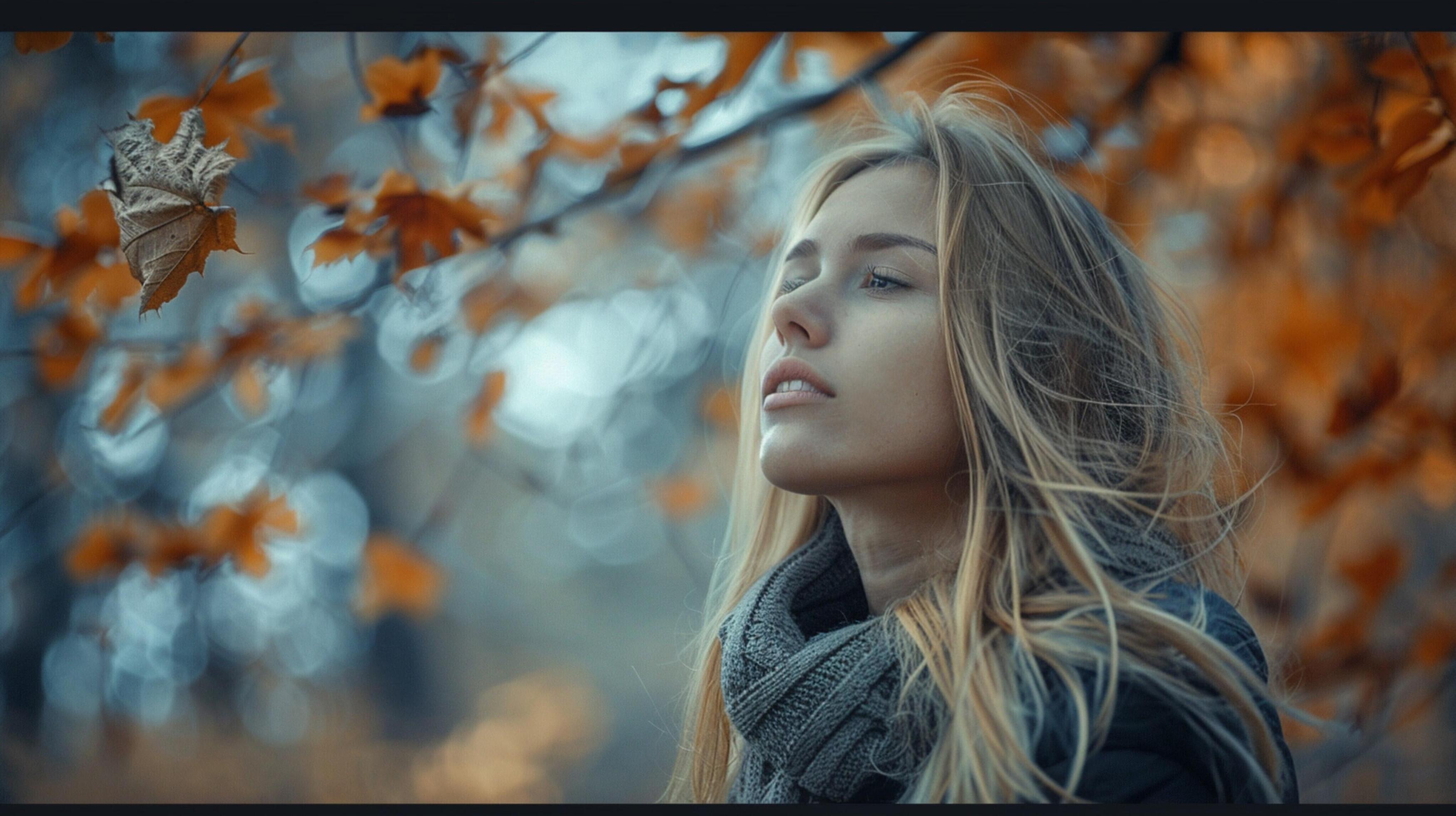 young woman with long blond hair enjoying autumn Stock Free