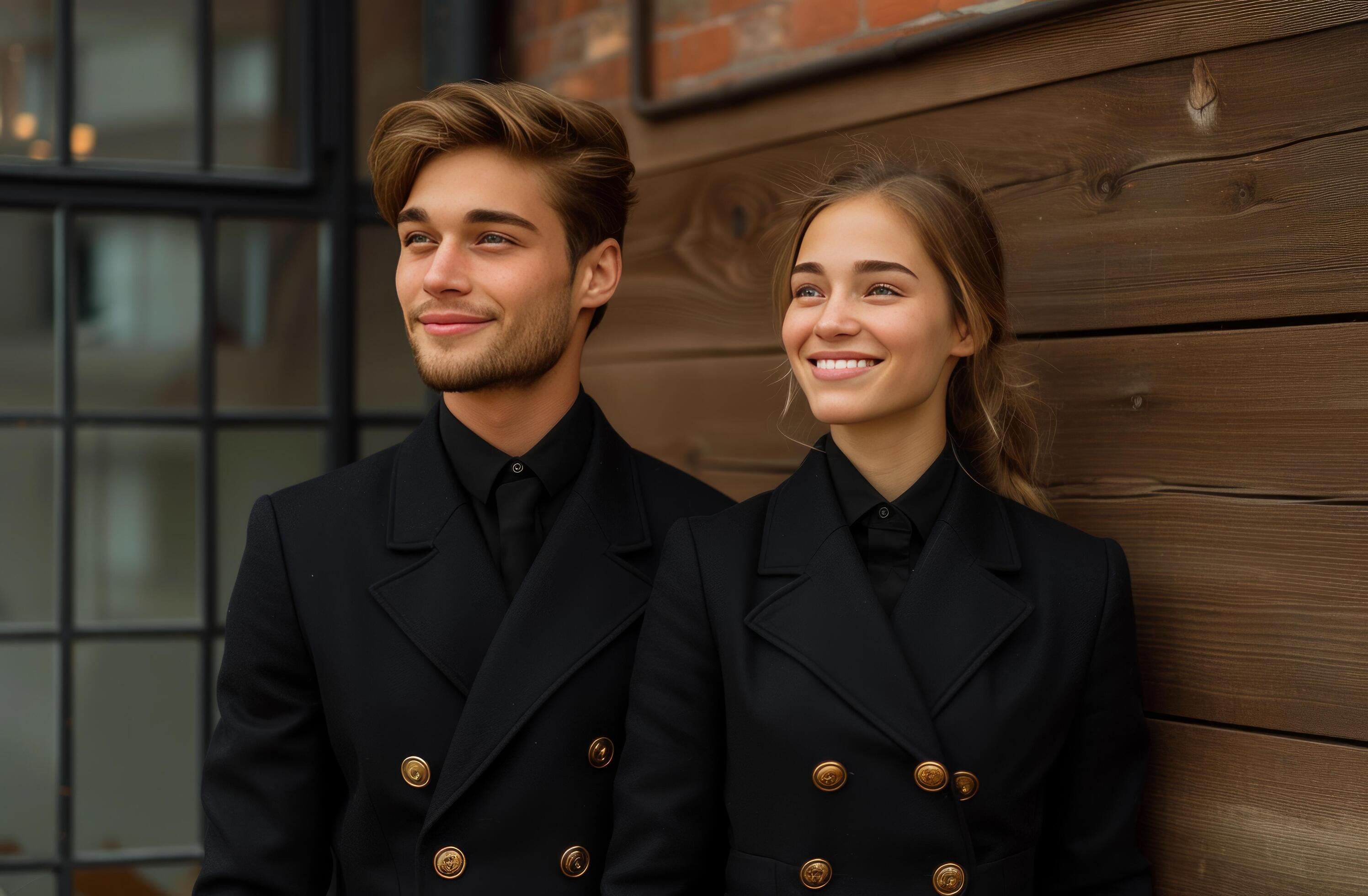 AI generated business couple in uniform looking while smiling Stock Free