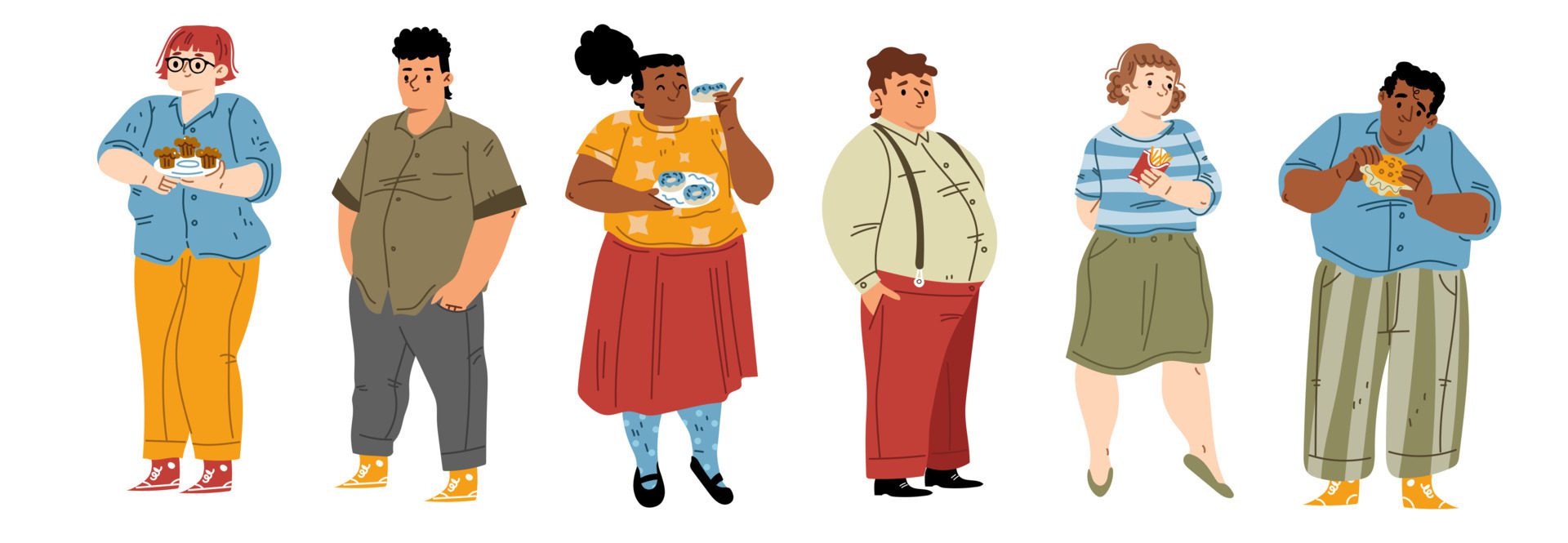 
									Set of fat people eating fast food on white Free Vector