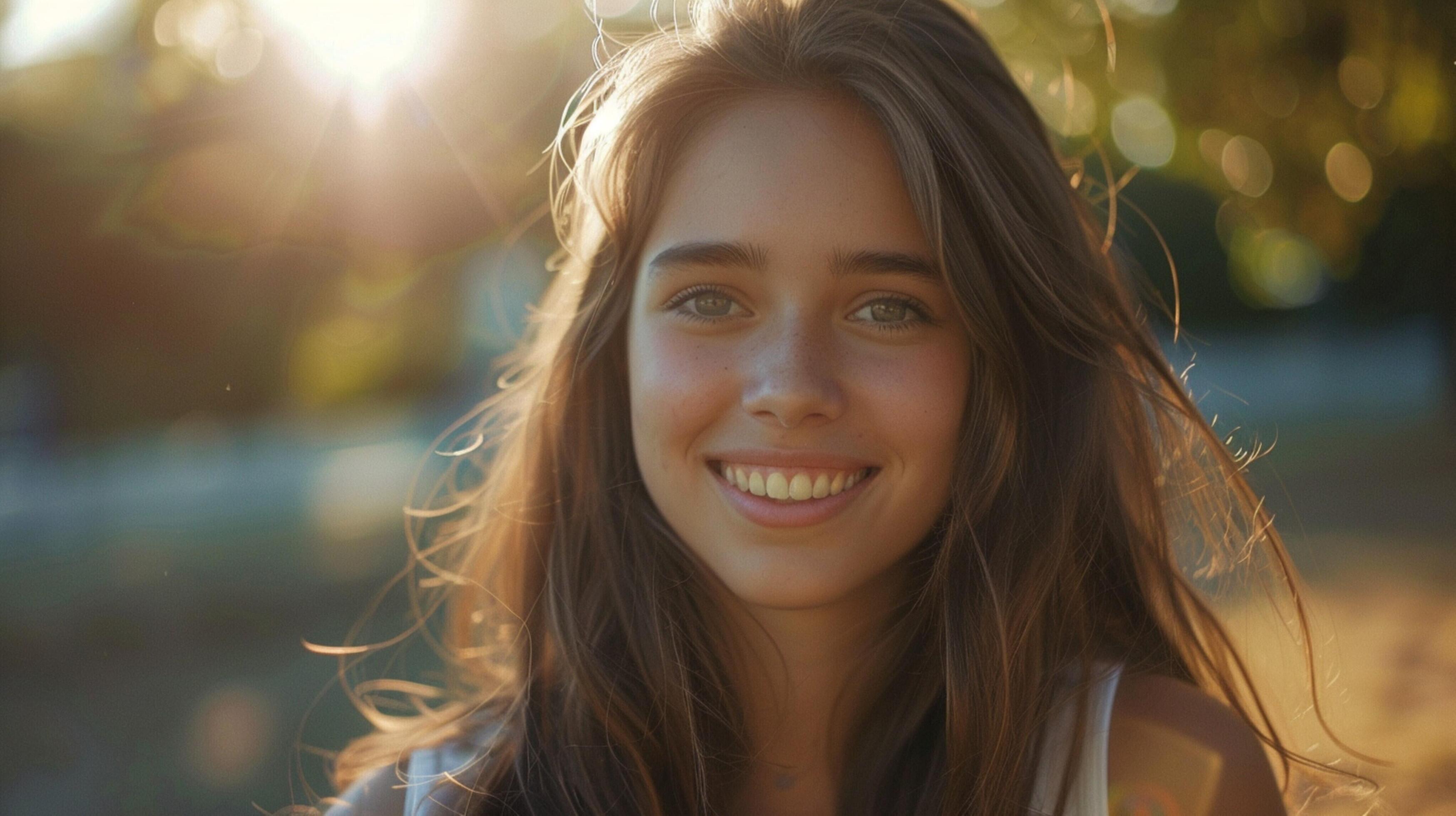 young woman with long brown hair smiling Stock Free