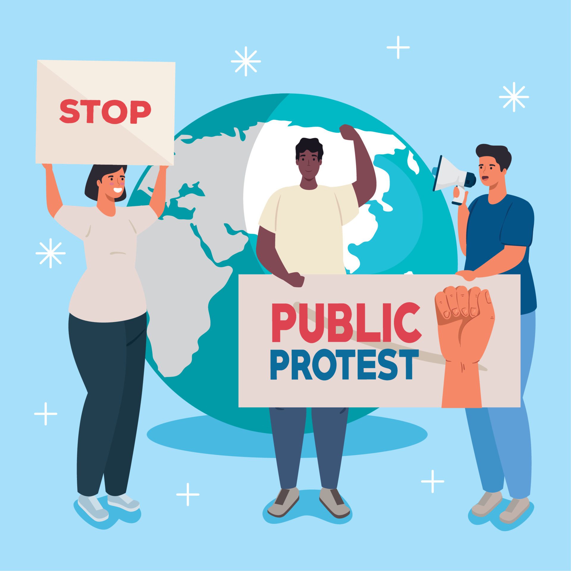 group people with protests placards, and world on background, human right concept Free Vector