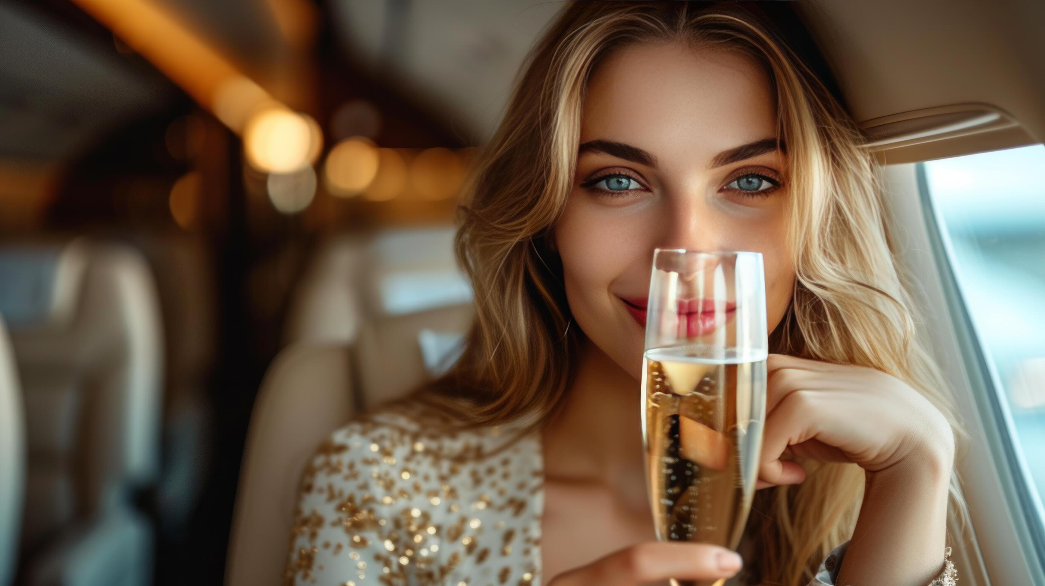 AI generated Beautiful businesswoman drinks champagne in business class of an airplane Stock Free