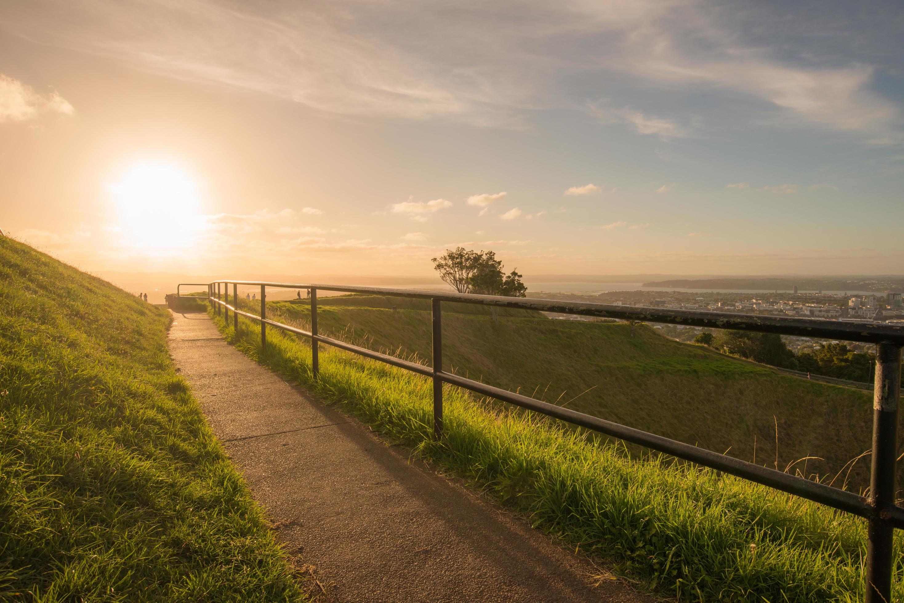 
									Sunset over the crater of Mount Eden volcano in Auckland, North Island, New Zealand. Stock Free