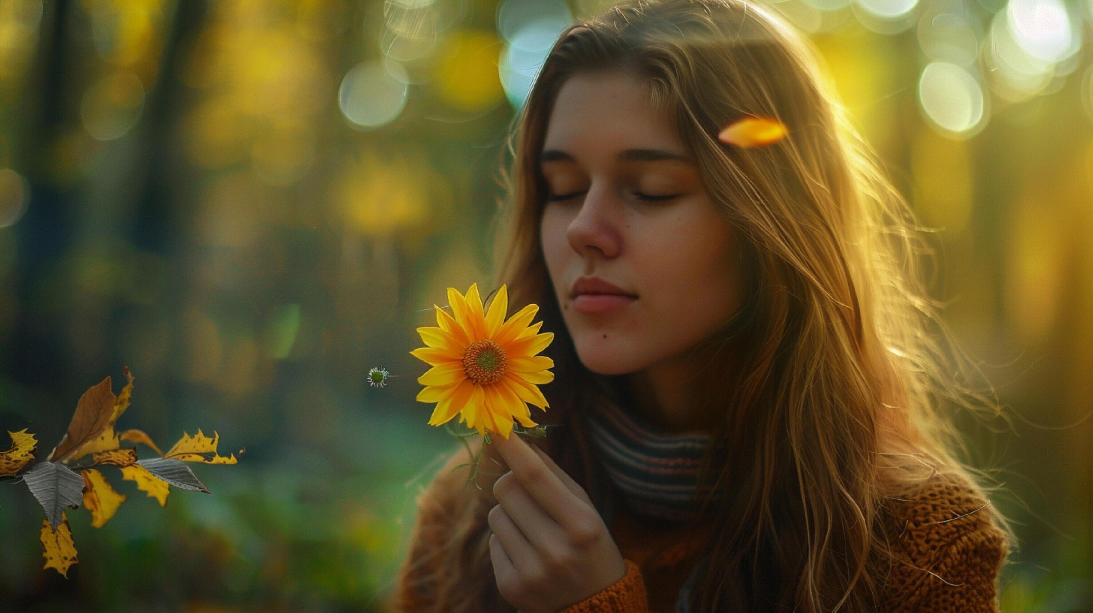 young woman in autumn forest holding yellow flow Stock Free