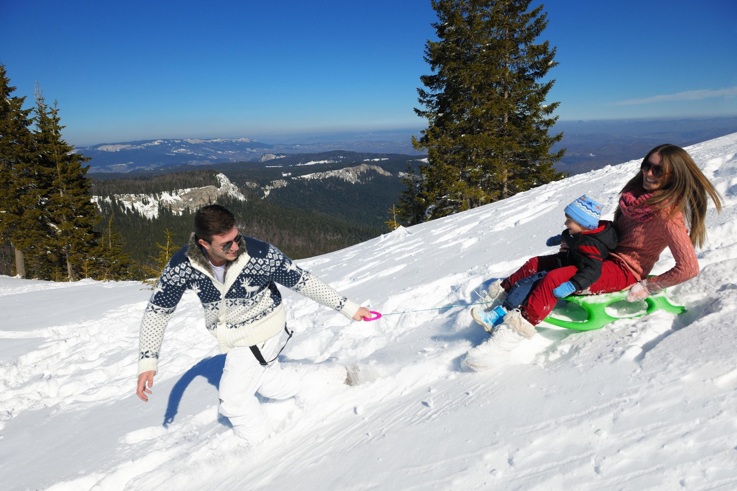 family having fun on fresh snow at winter Stock Free