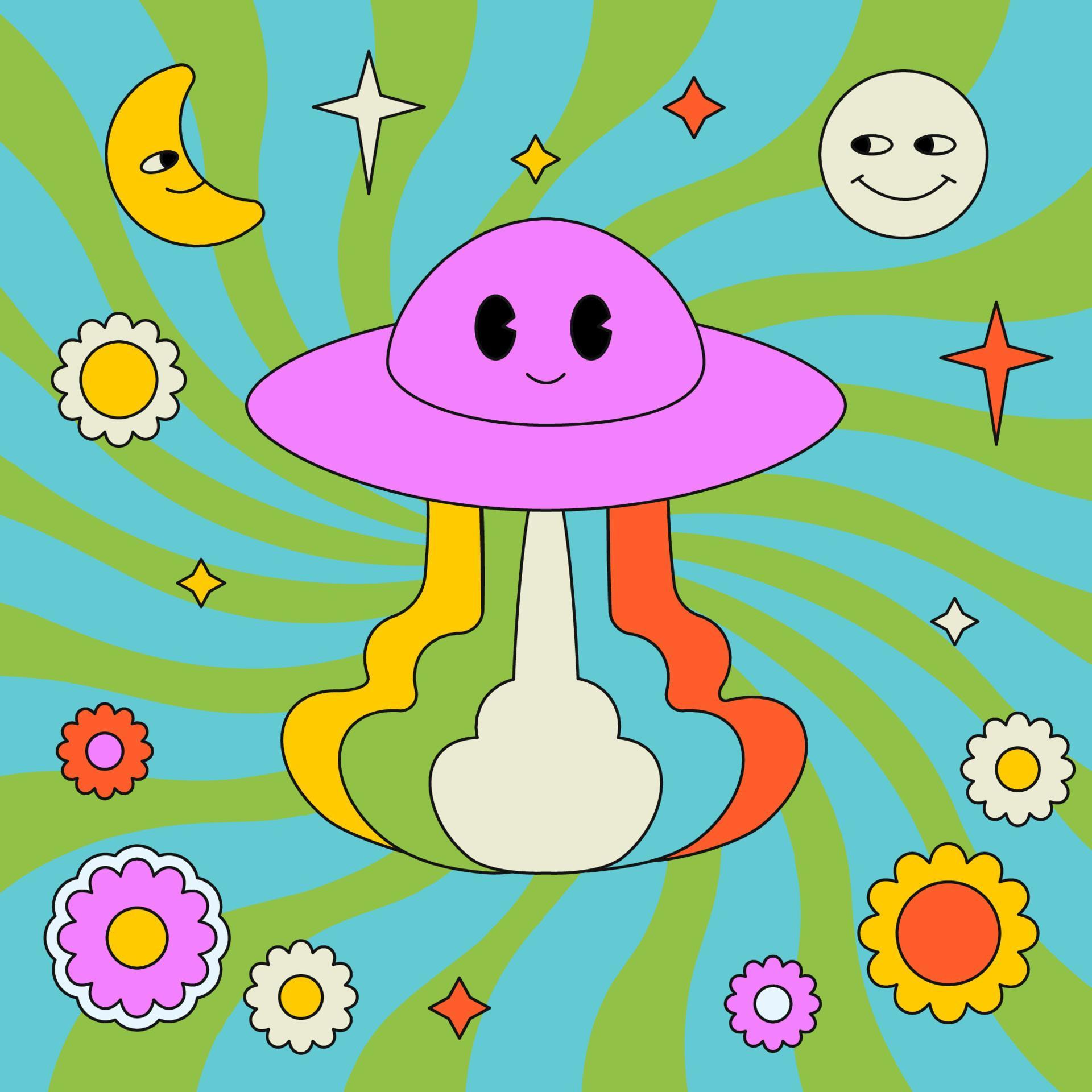 Colourful groovy illustration with ufo, planets, stars and flowers. Hippie outlined patch. Stock Free