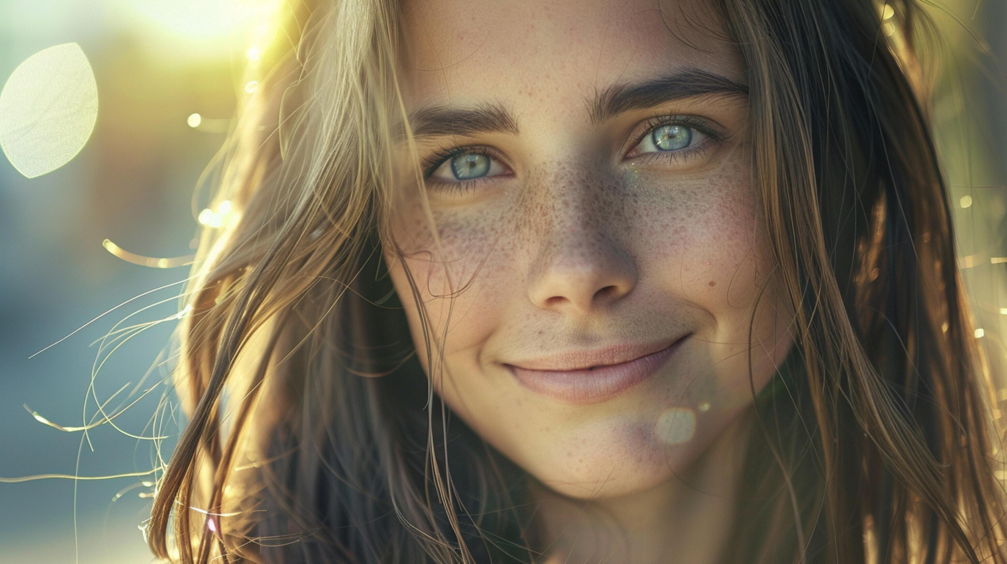 young woman with long brown hair smiling Stock Free