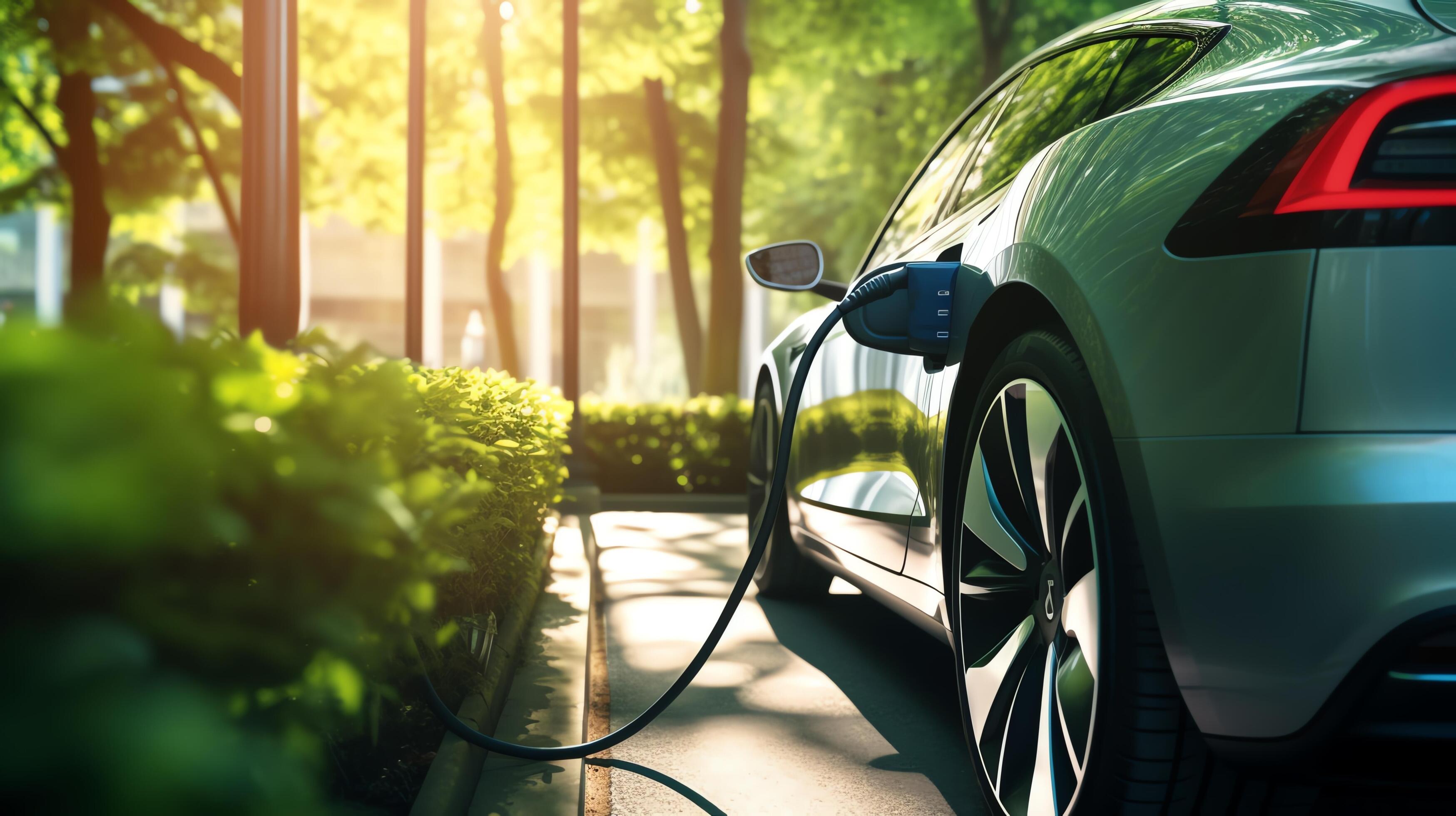 A sleek silver electric car is plugged into a charging station in a sunny outdoor location Stock Free