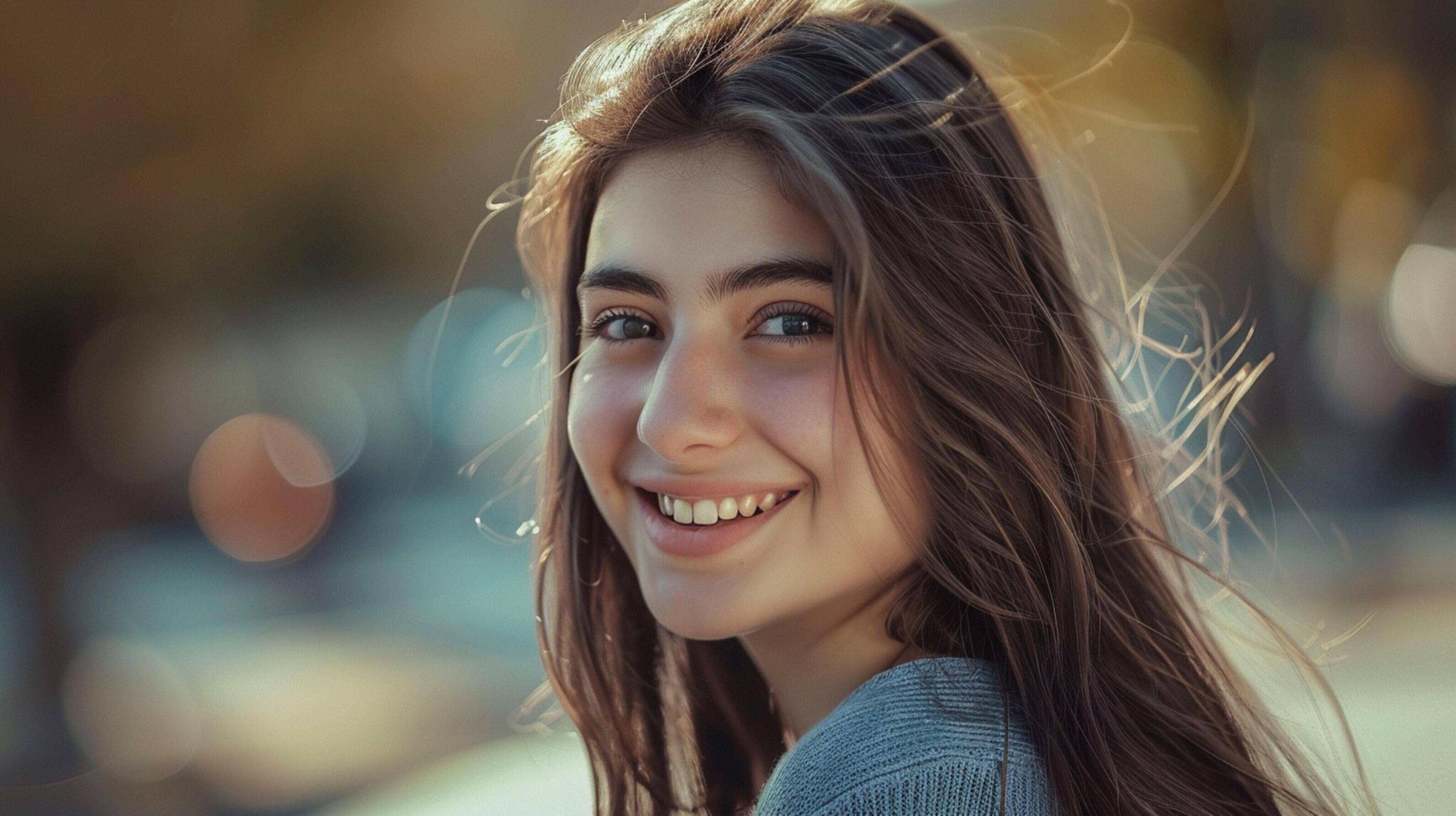 young woman with long brown hair smiling Stock Free