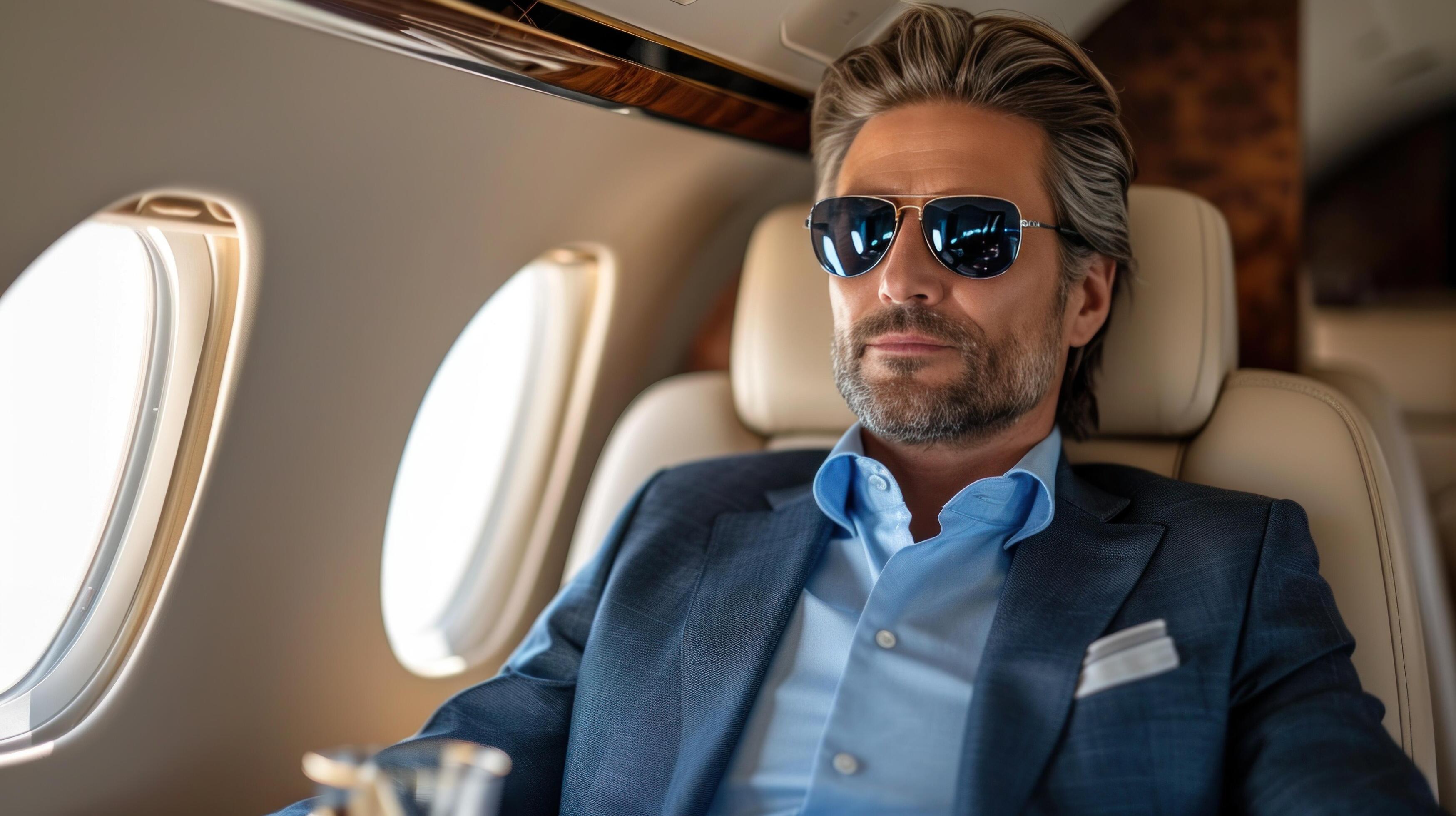 AI generated elegant business man sitting in luxury business jet Stock Free