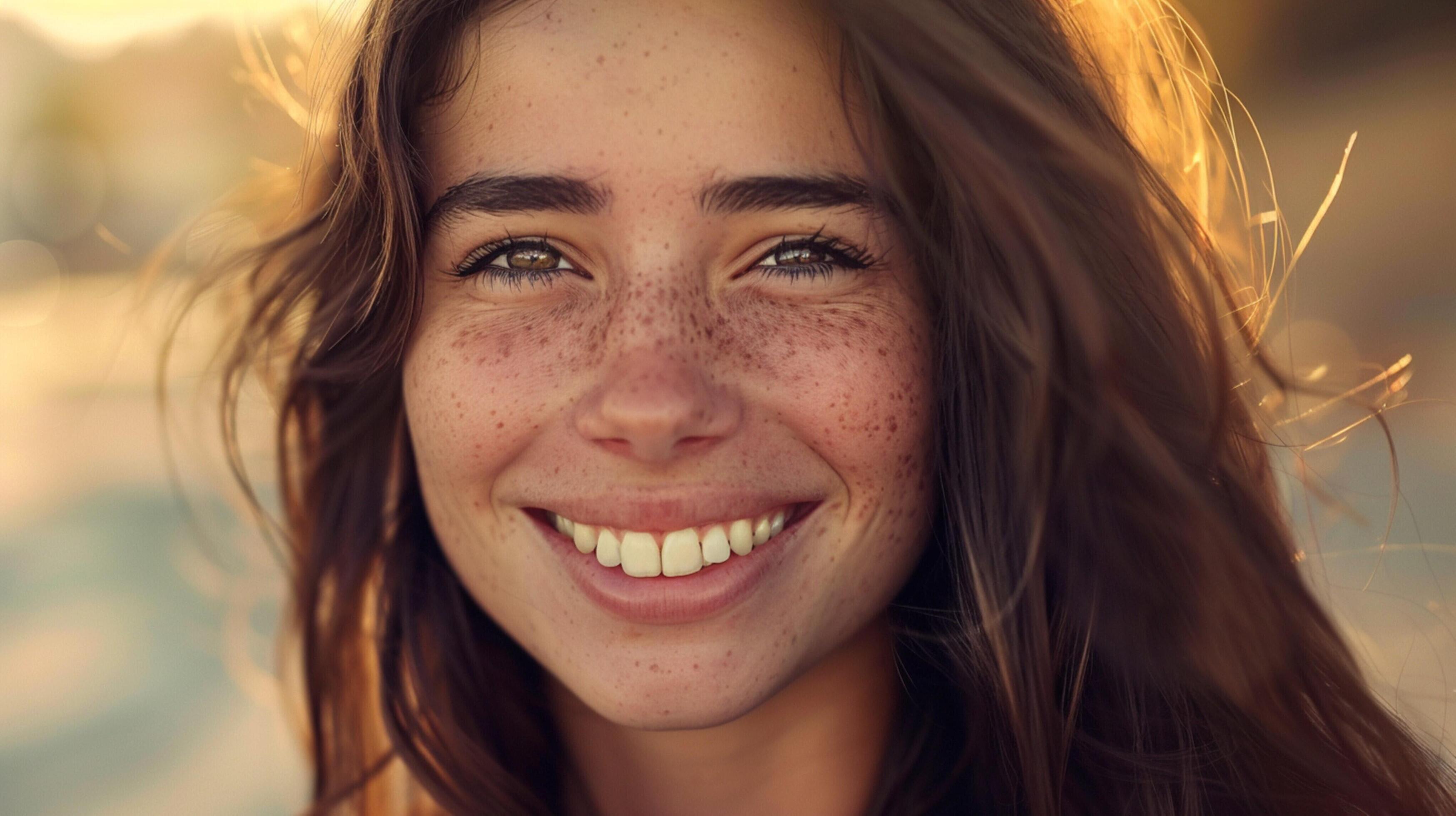 young woman with long brown hair smiling Stock Free