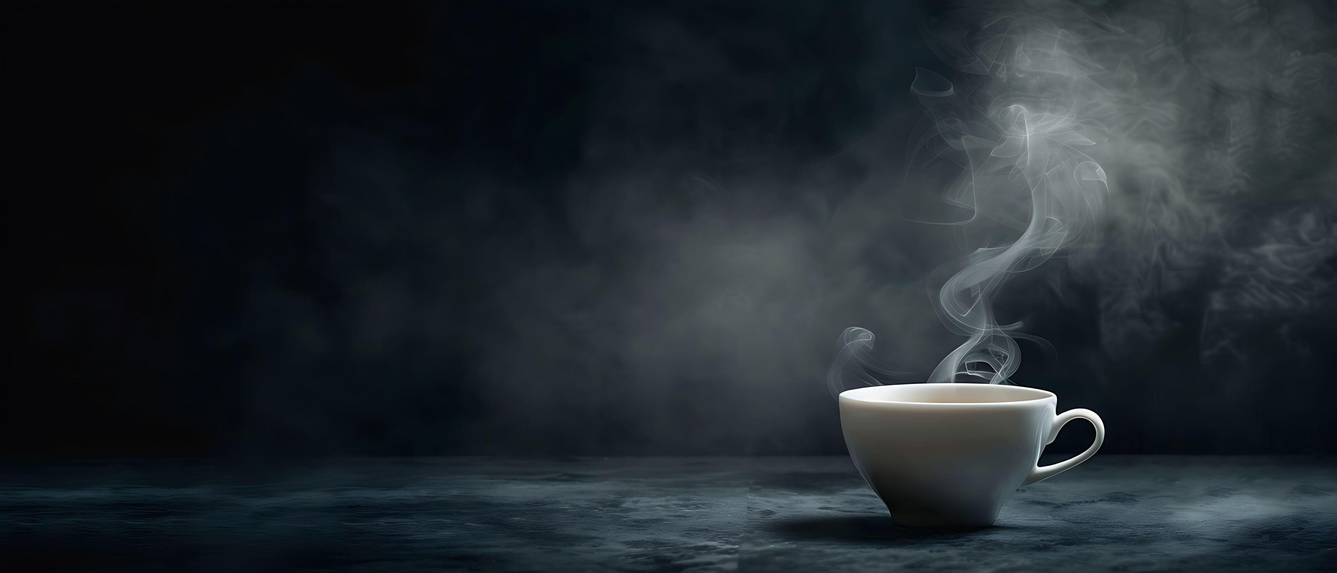 Moody Coffee Cup Artistic Shot with Swirling Steam on Dark Background Offering Dramatic Ambiance and Copy Space Stock Free