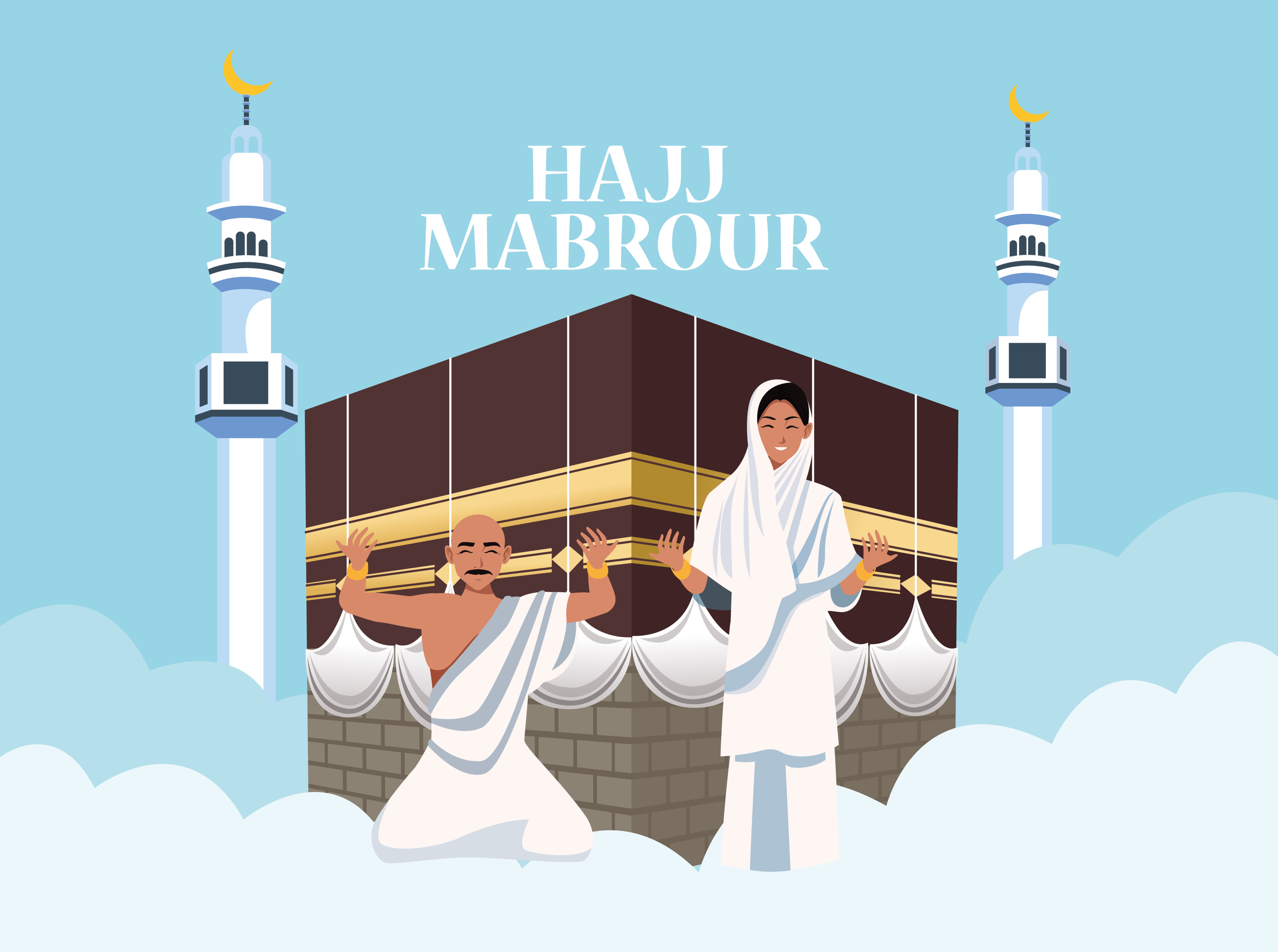 hajj mabrur celebration with people and mosque in clouds Free Vector