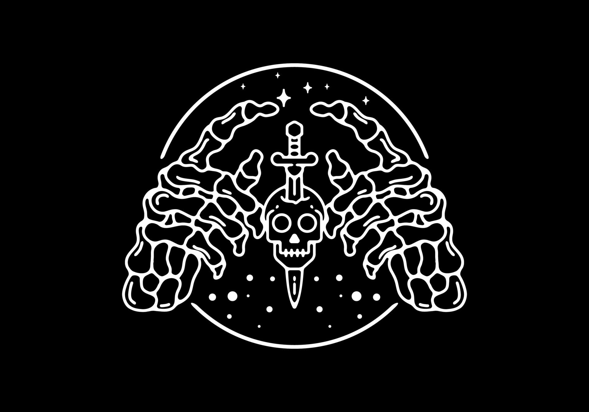 White on black color of skeleton hand with head and sword illustration Free Vector and Free SVG