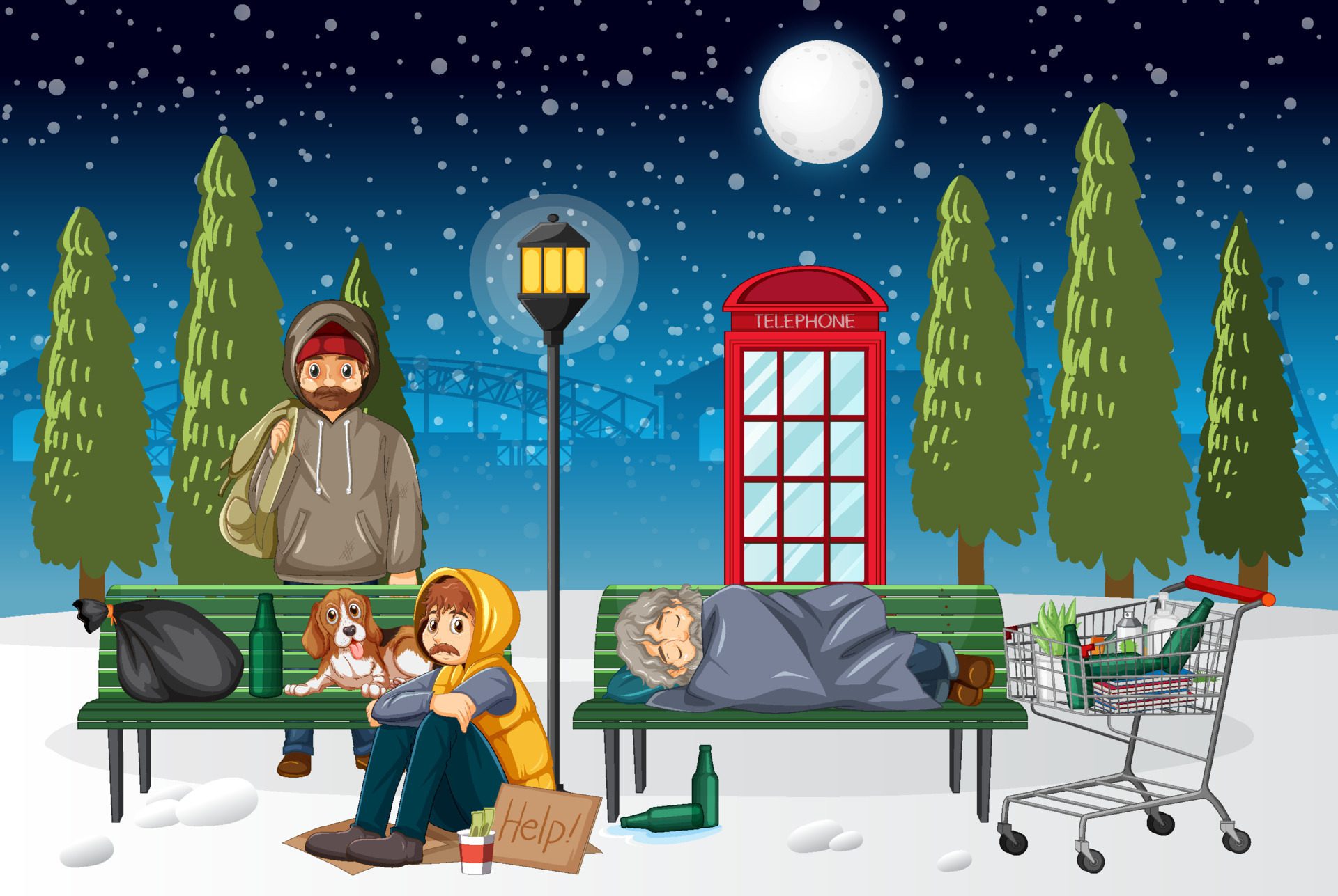 Outdoor scene with homeless people Free Vector