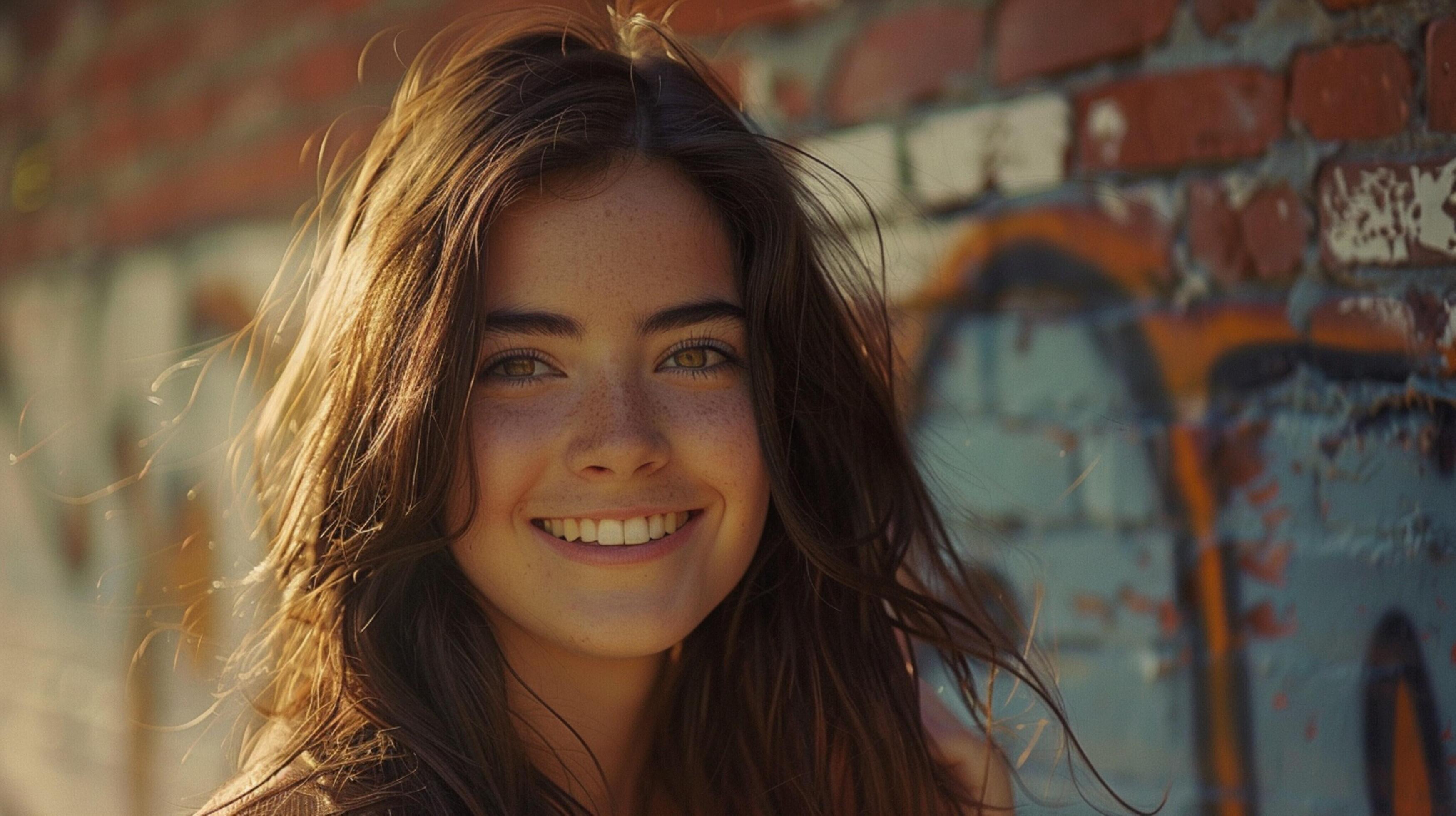 young woman with long brown hair smiling Stock Free