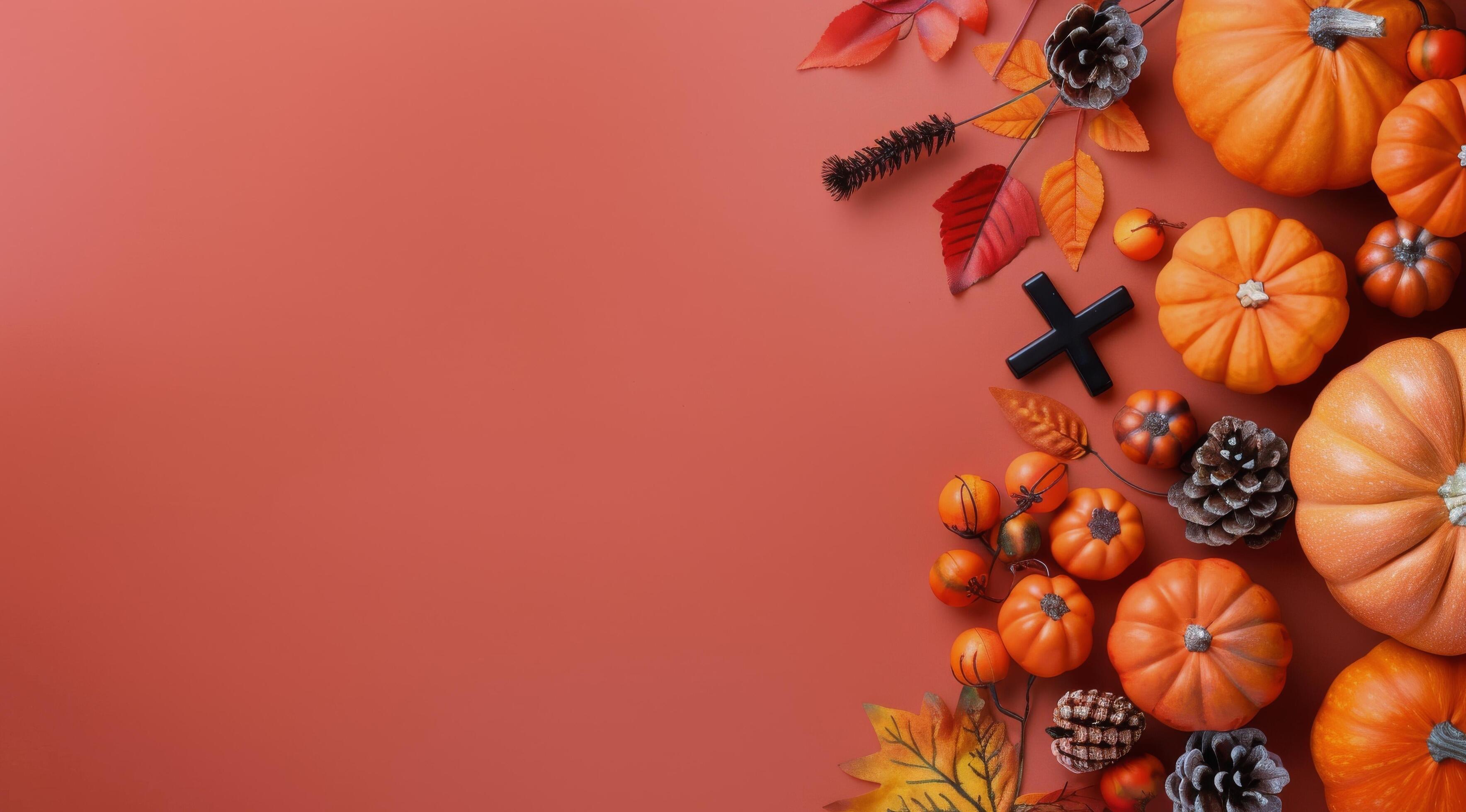 Orange Pumpkins and Black Spiders on Red Background Stock Free