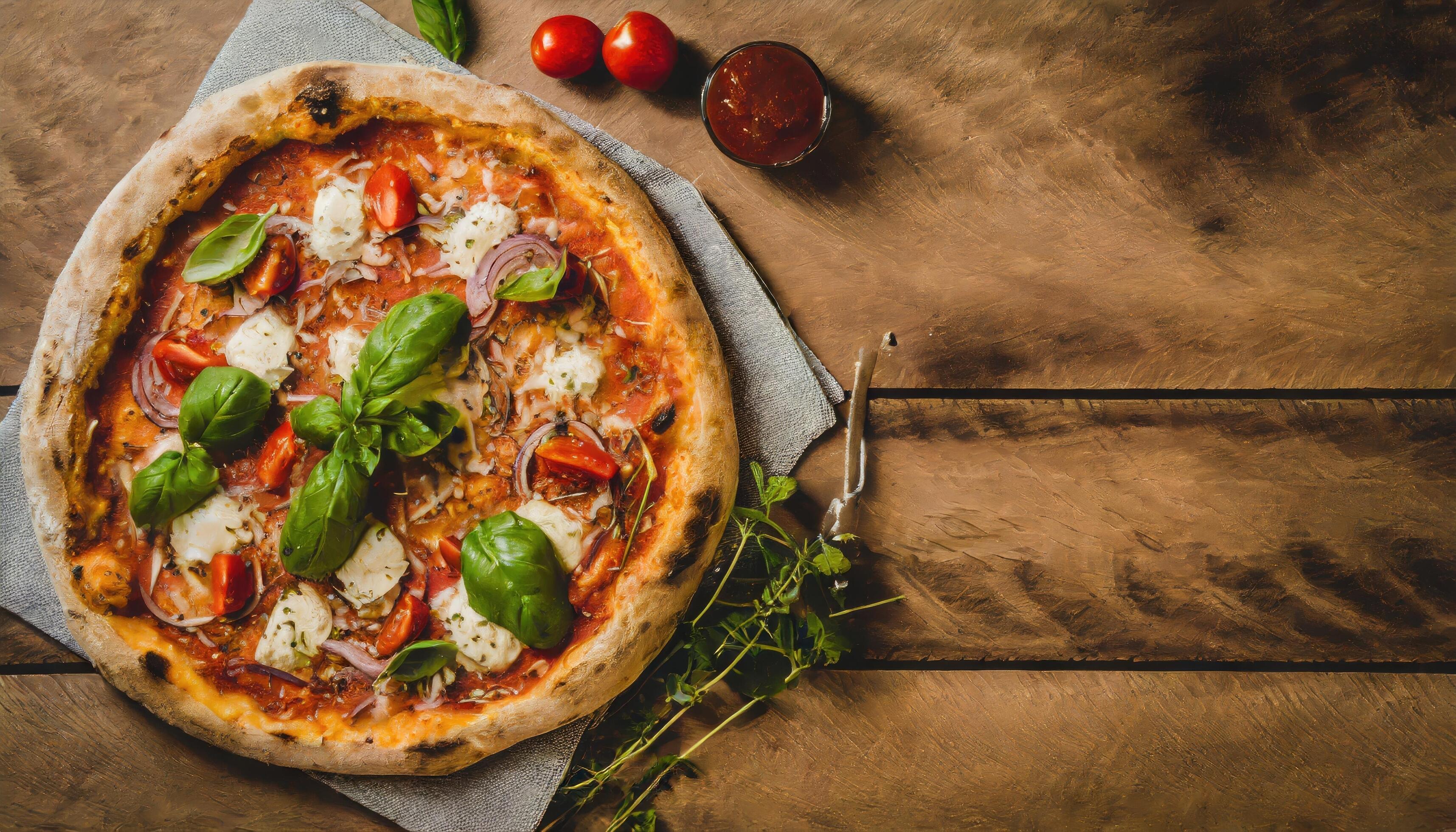 Copy Space image of Pizza Margherita on wooden background, Pizza Margarita with Tomatoes, Stock Free