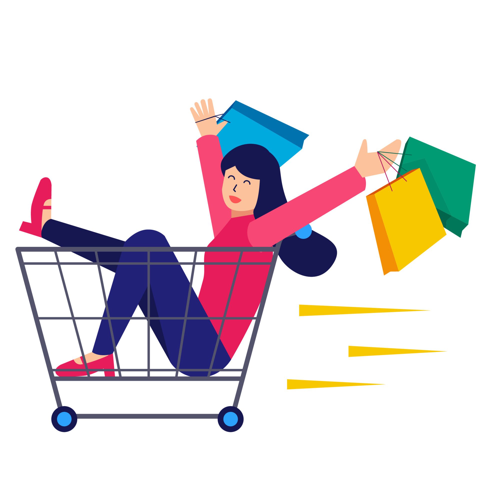 happy girl shopper character riding sitting in trolley cart. season sales, discount. Vector illustration. Free Vector and Free SVG