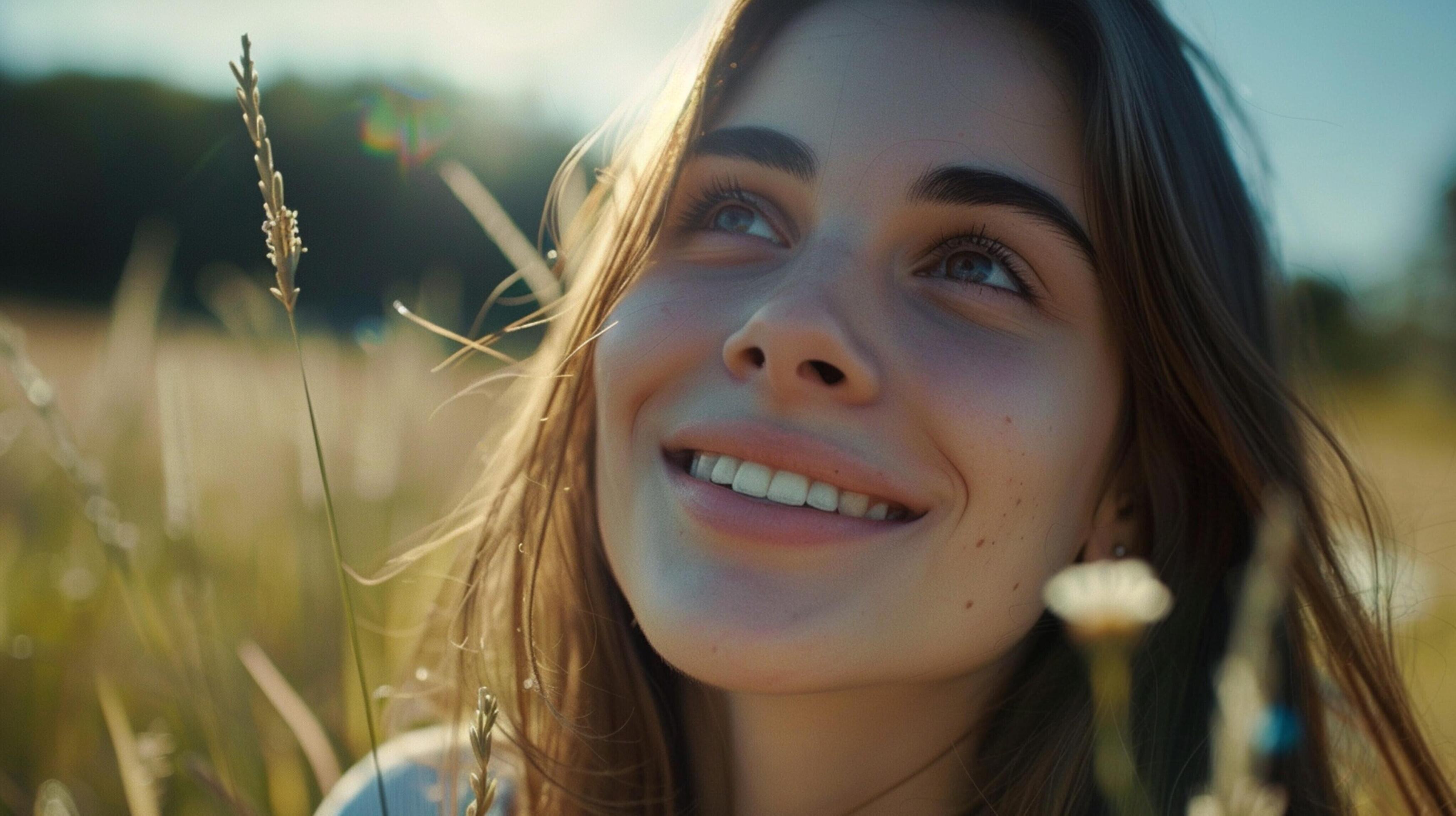 young woman outdoors looking at camera smiling Stock Free