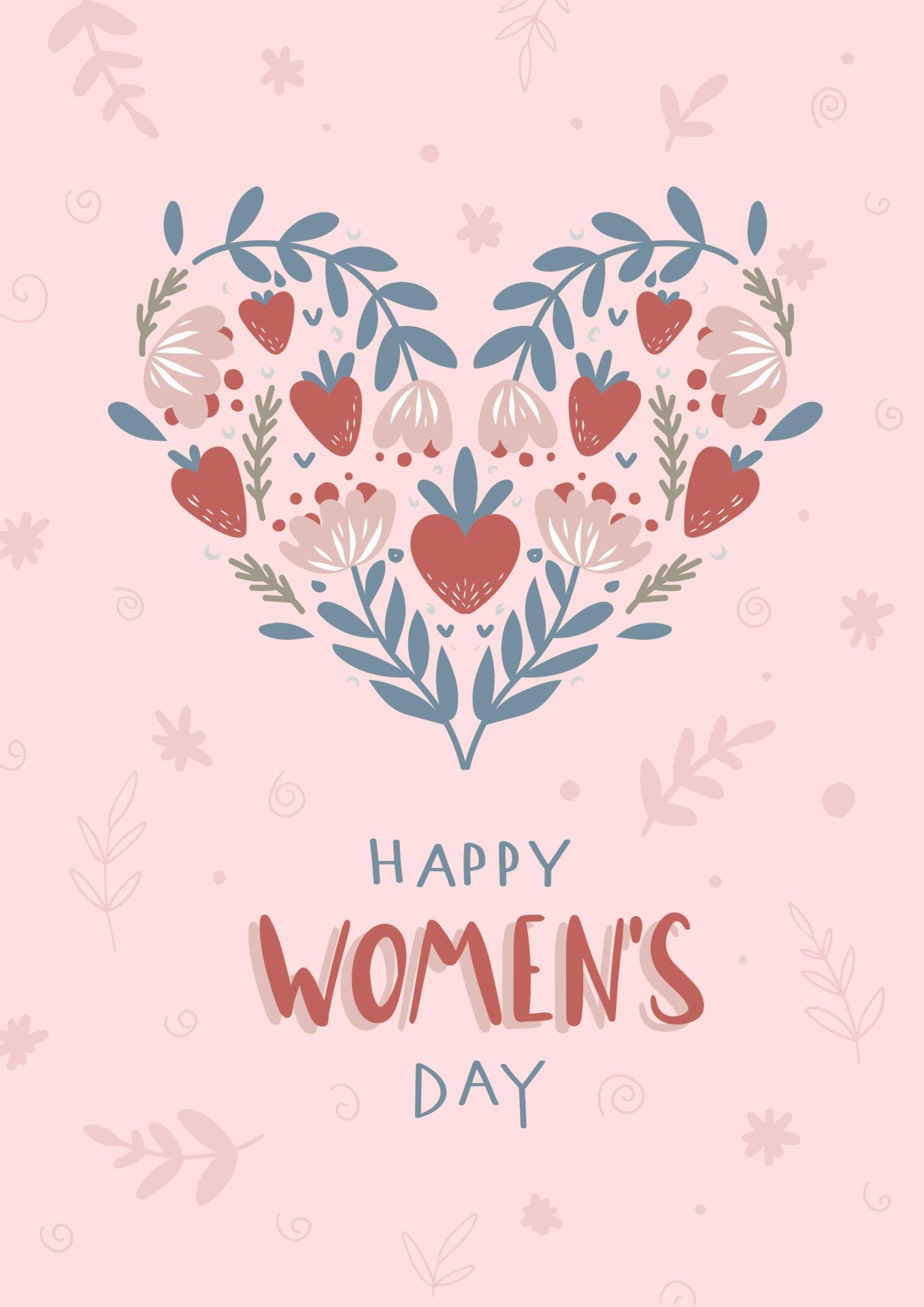 Vector flowers and hearts decorated greeting card for Happy International Women’s Day celebration. Flat hand drawn poster on soft pink background Stock Free