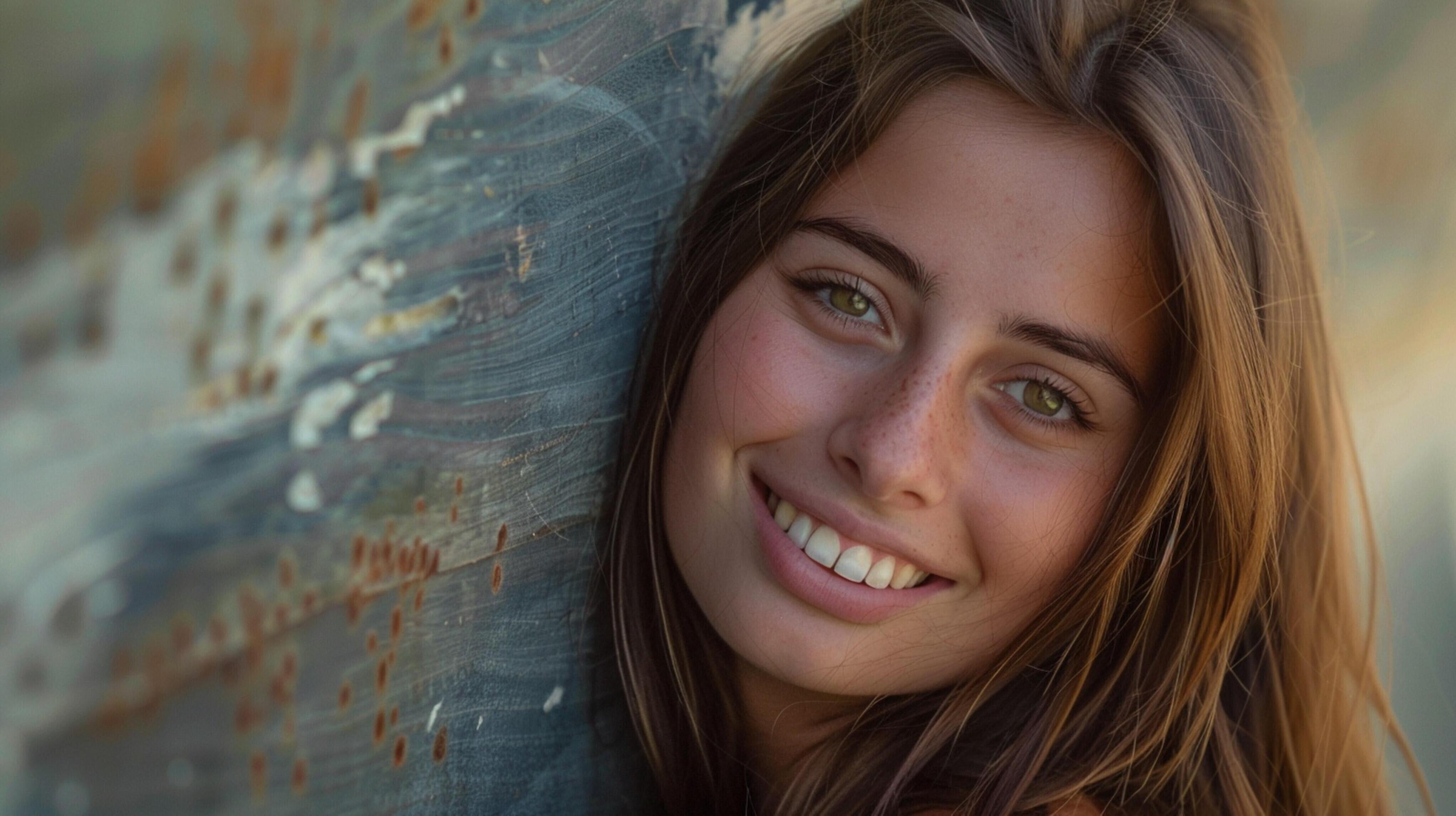 young woman with long brown hair smiling Stock Free